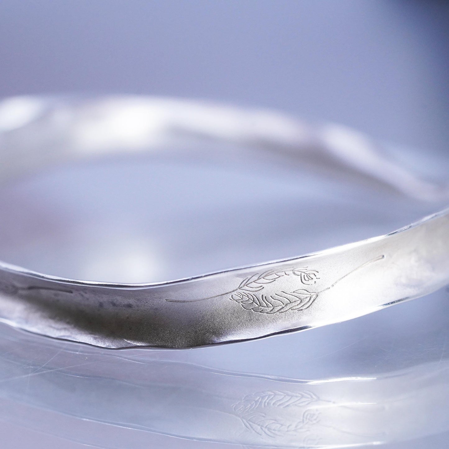 7.5", Vintage Sterling Silver Leaf Engraved Cuff Bracelet Matte 925 Open Bangle