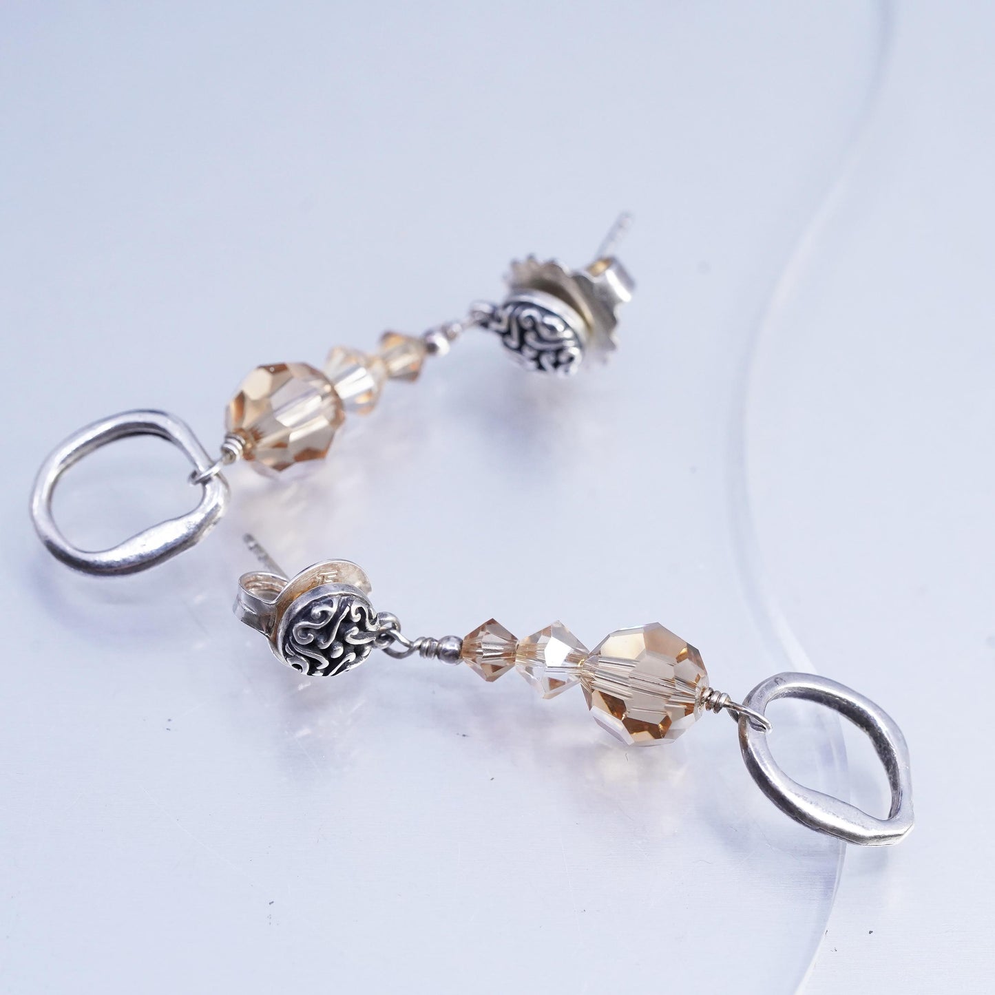 Vintage Sterling 925 silver handmade textured oxidized earrings orange crystal