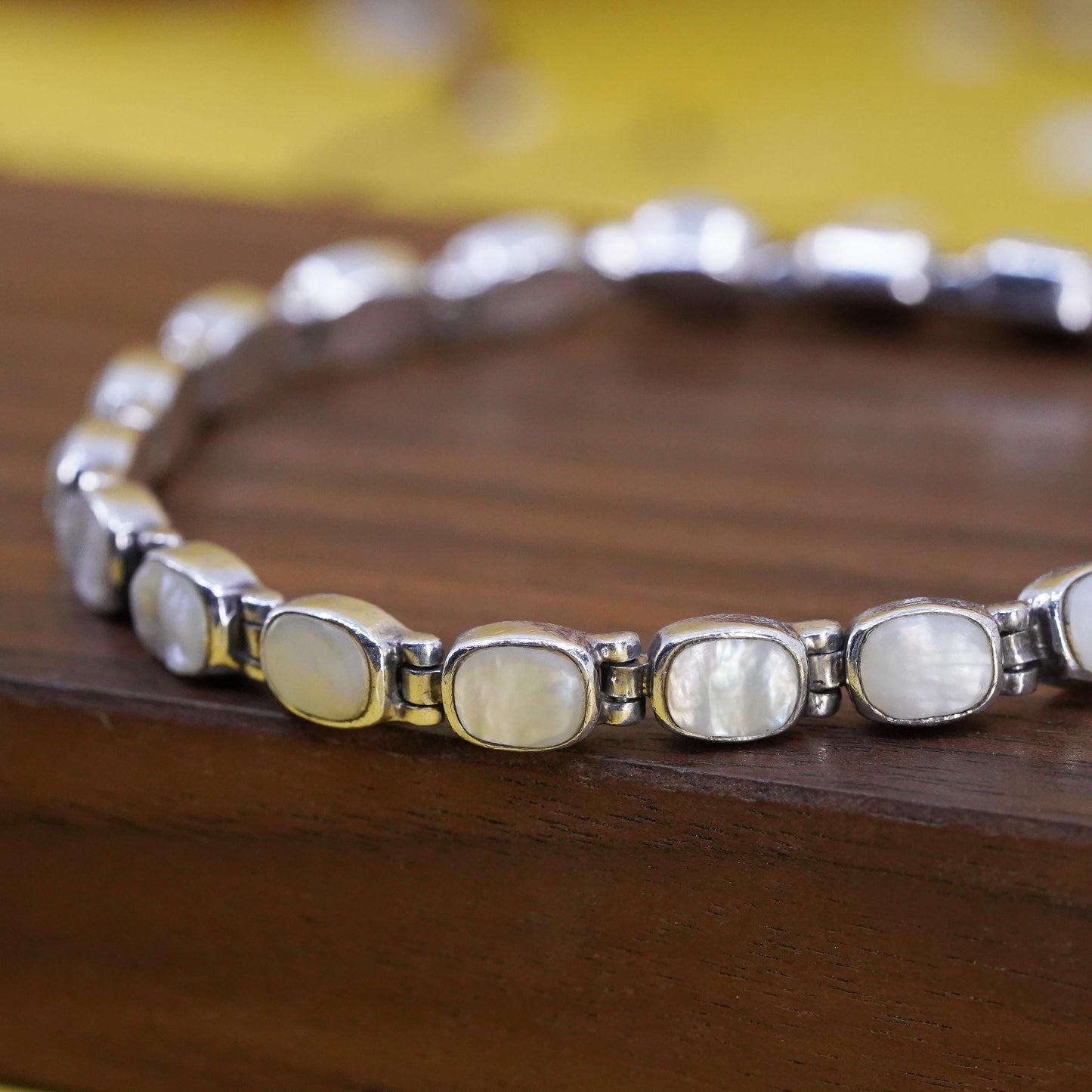 7.5”, Peyote Bird Sterling 925 silver tennis bracelet mother of pearl inlay
