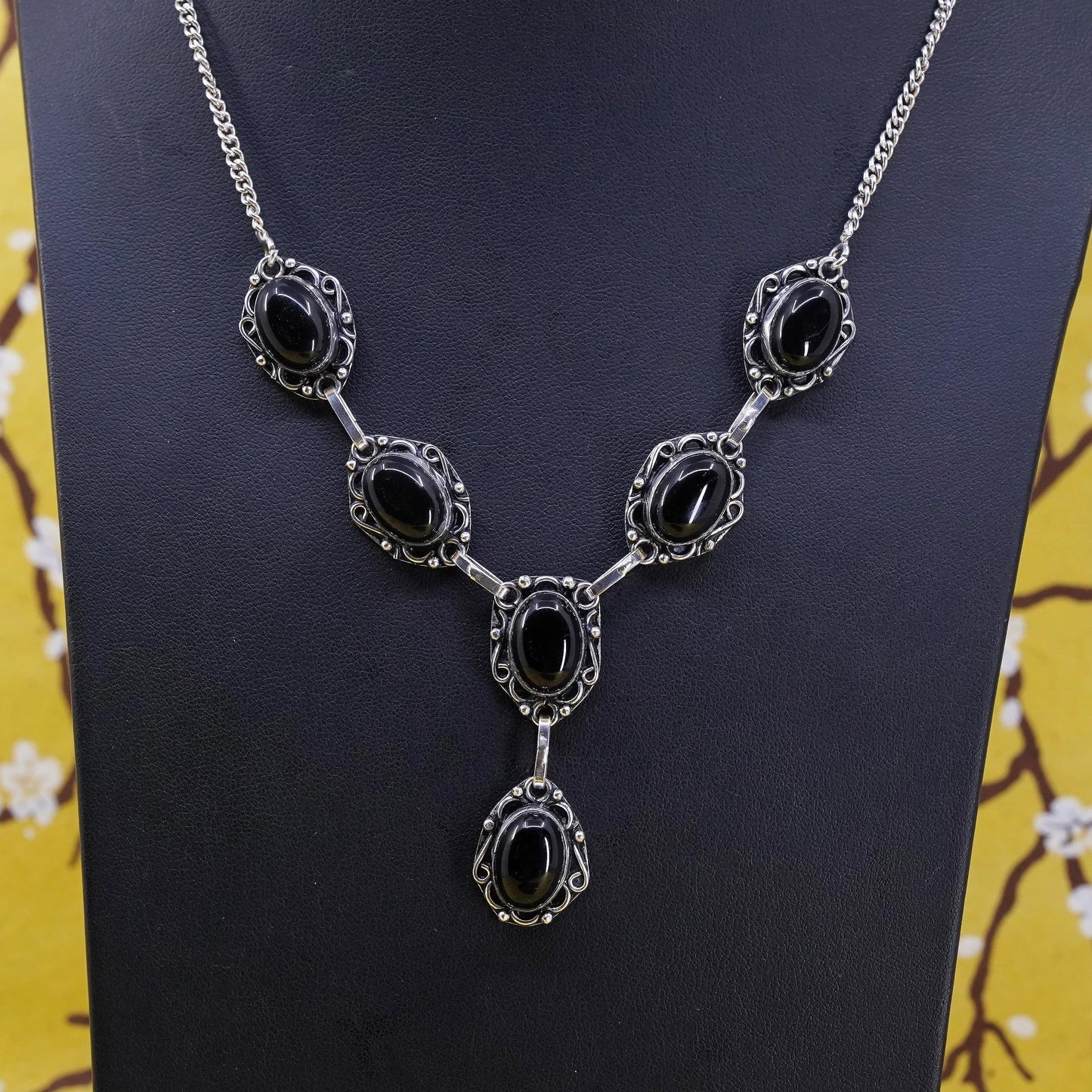 18" 2mm, Sterling silver handmade necklace, 925 curb chain with onyx pendant