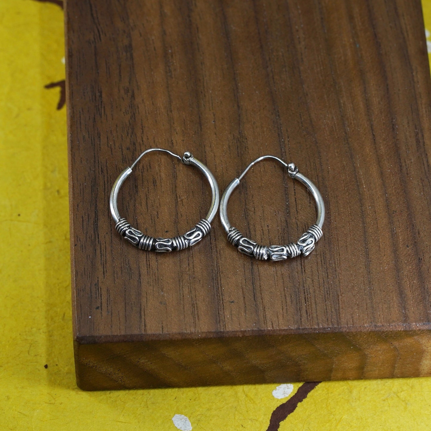 0.75”, vintage Sterling silver handmade earrings, textured 925 hoops