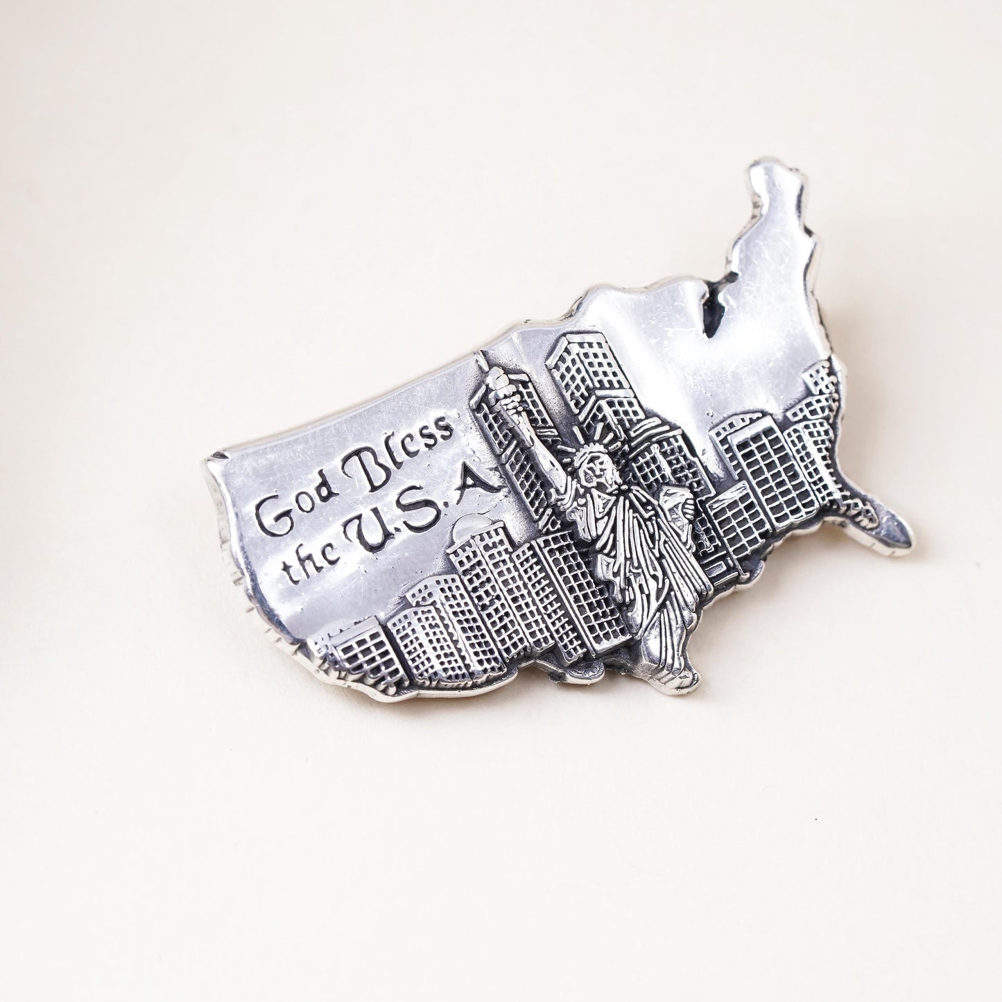sterling silver brooch, 925 map pendant Statue of Liberty god bless the USA