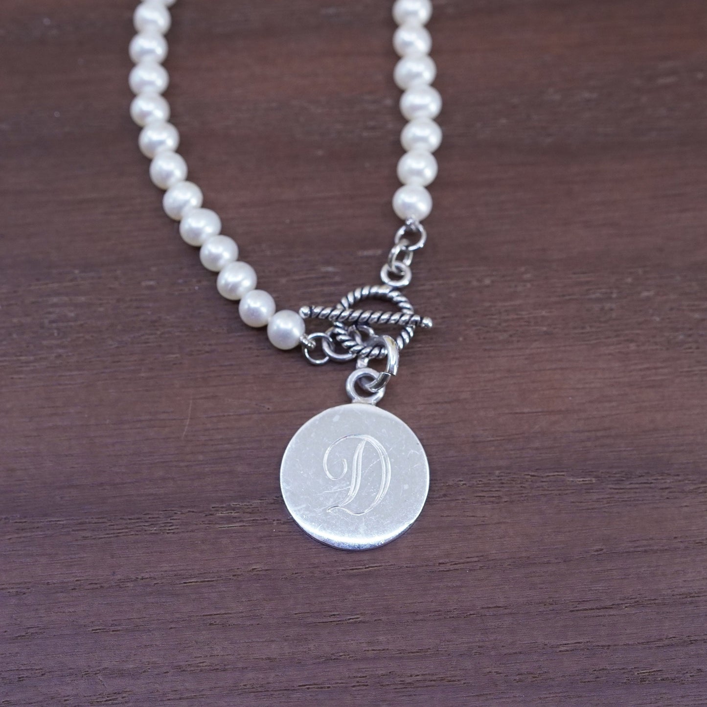 6.25”, Sterling silver handmade bracelet, freshwater pearl 925 charm engraved D