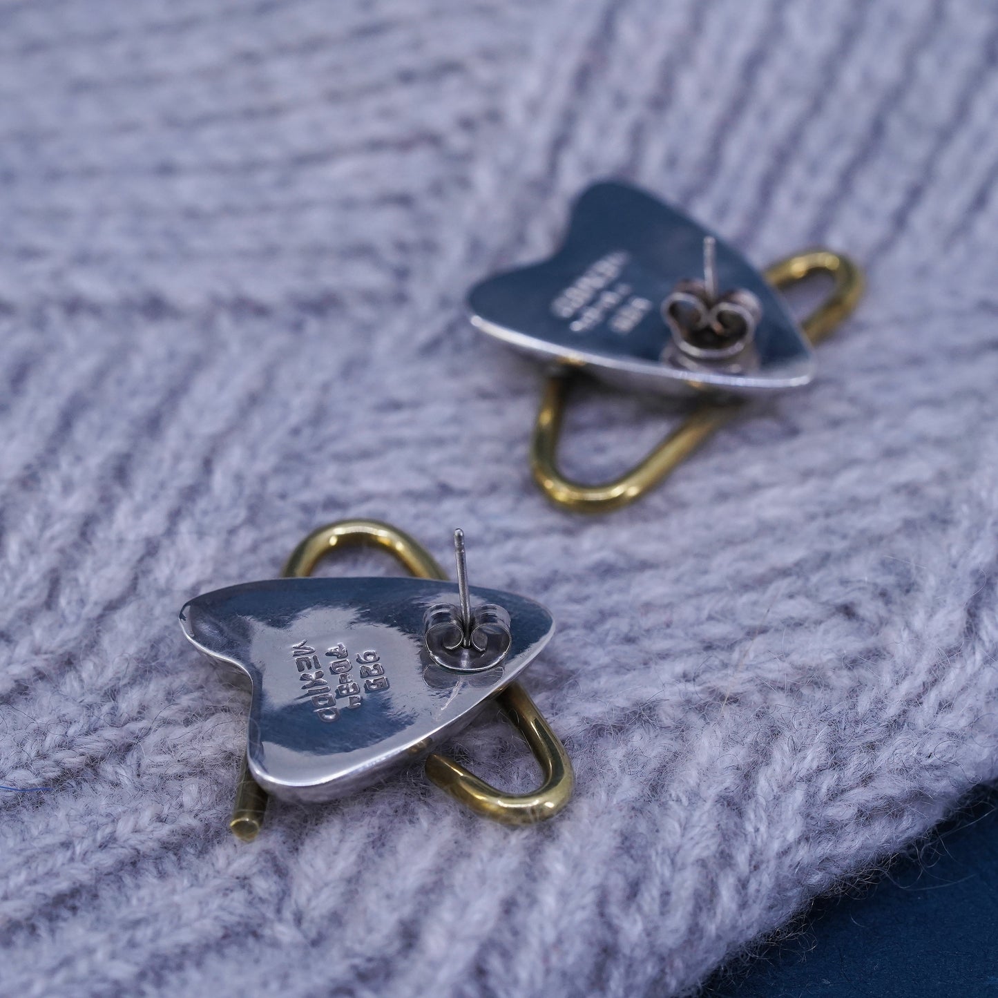 Vintage two tone Sterling silver handmade earrings, 925 studs with cable around