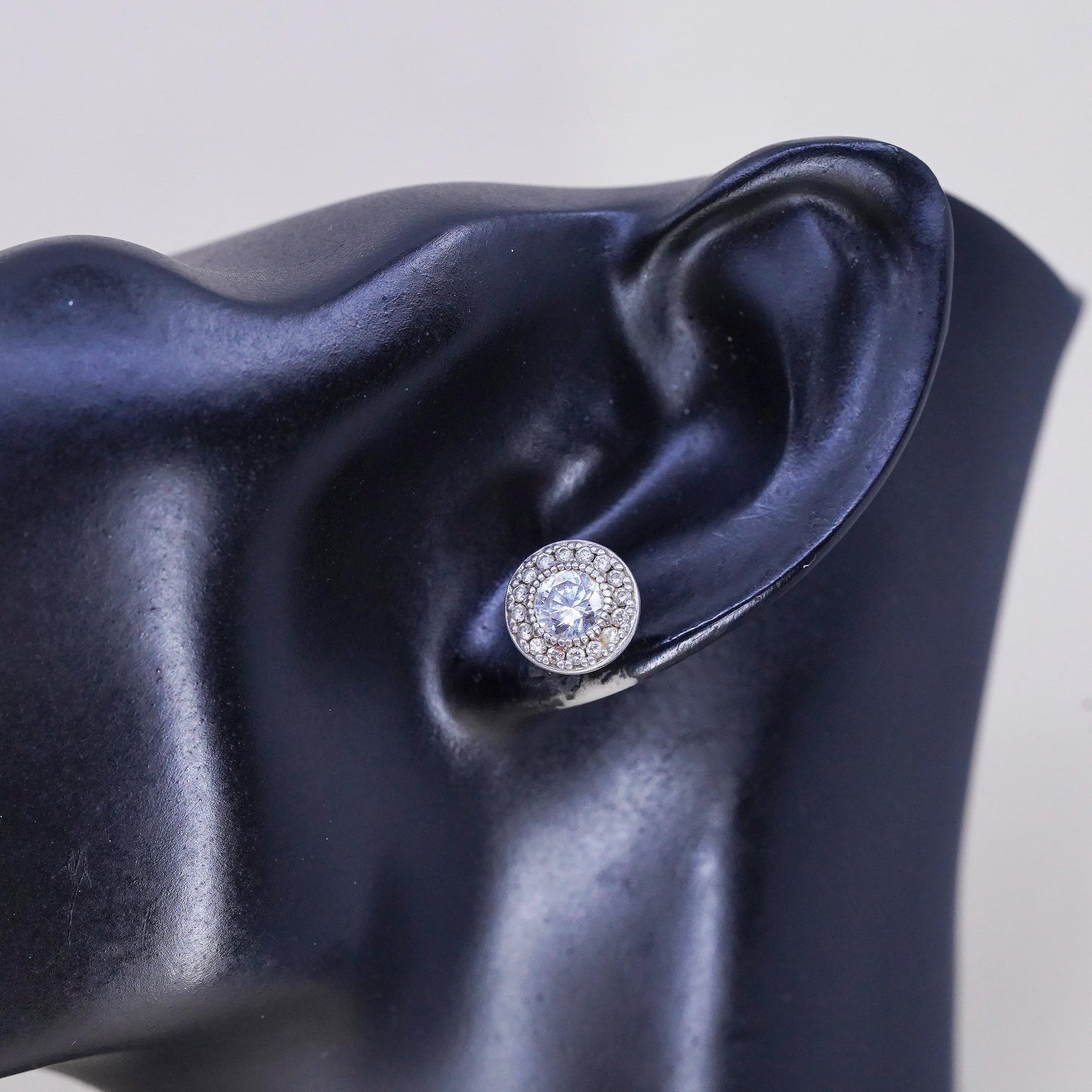 Vintage sterling silver earrings, 925 studs with cluster round cz