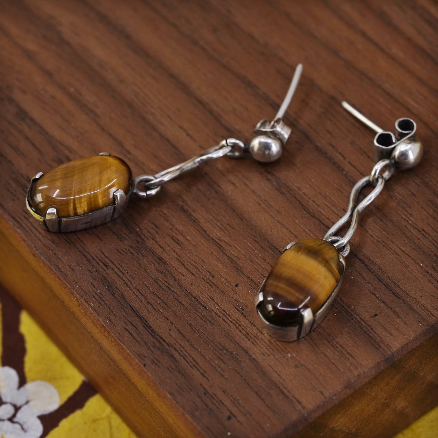 Vintage Sterling 925 silver handmade earrings with golden tiger eye beads