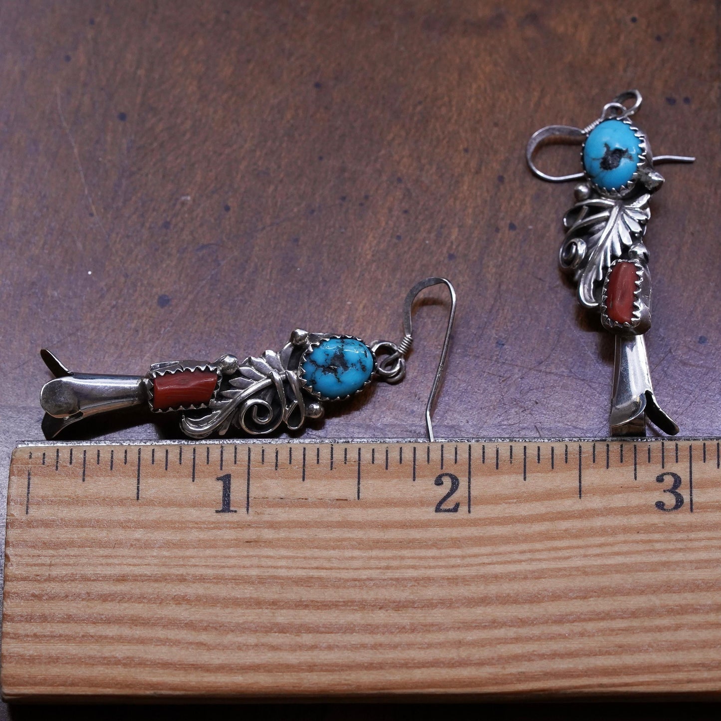 Native American Navajo sterling silver earrings, 925 feather turquoise coral