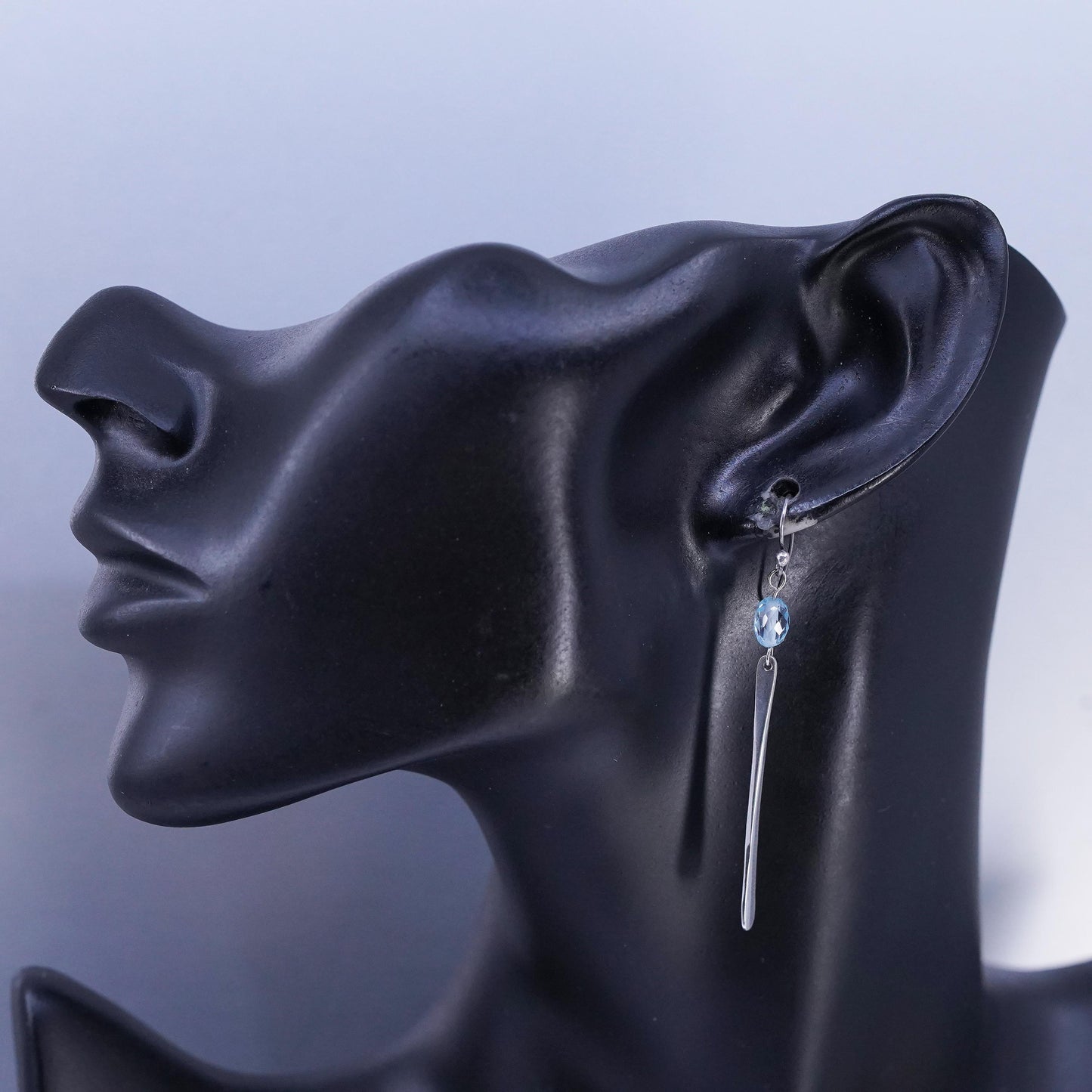 Vintage Sterling 925 silver handmade long dangle earrings with blue crystal