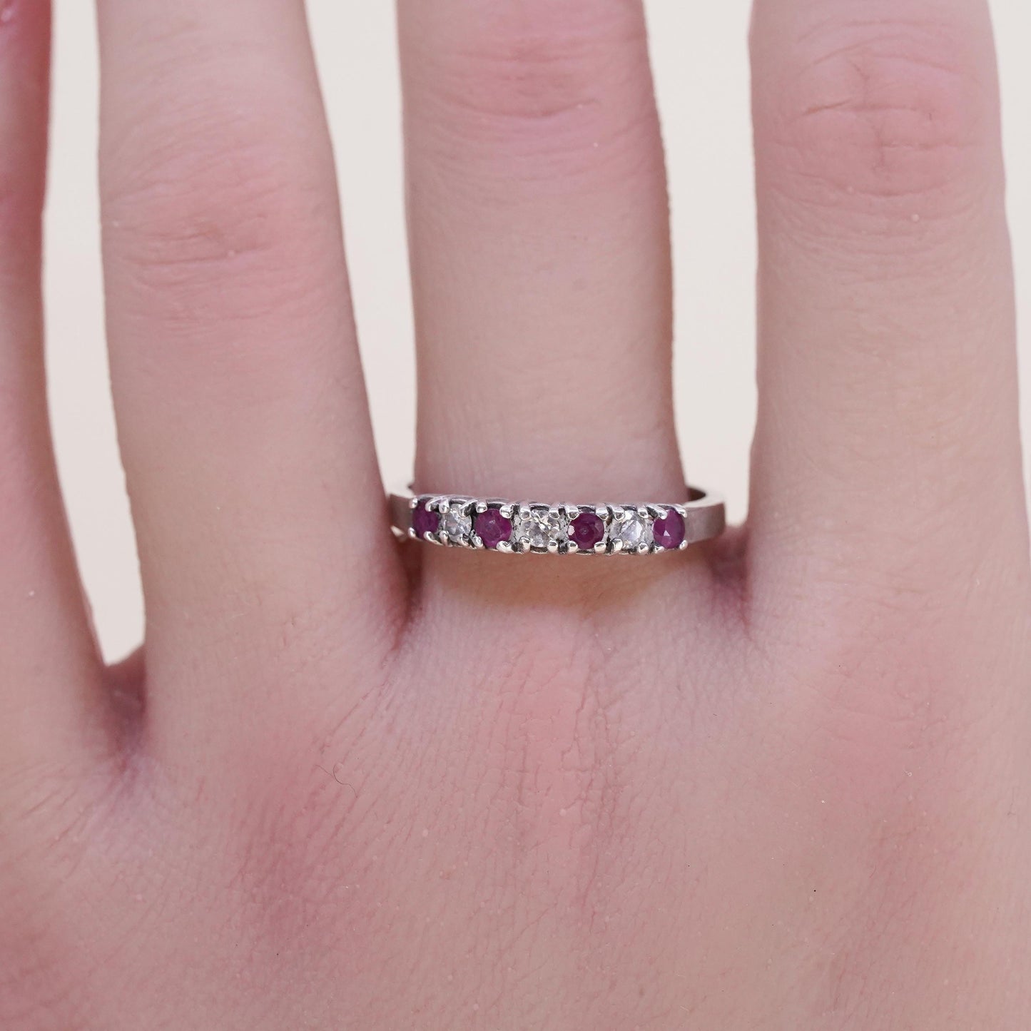Size 9.25, Vintage sterling 925 silver handmade stackable ring with ruby and cz