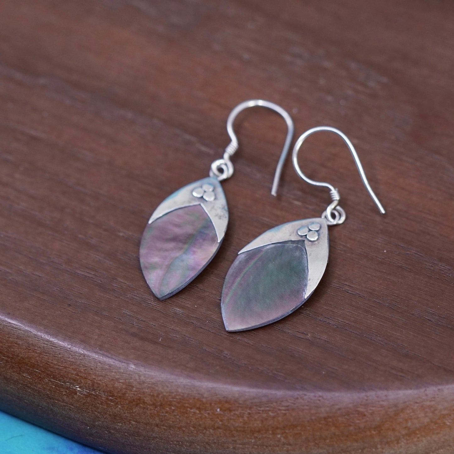 Vintage Sterling 925 silver handmade earrings with Marquise shaped abalone