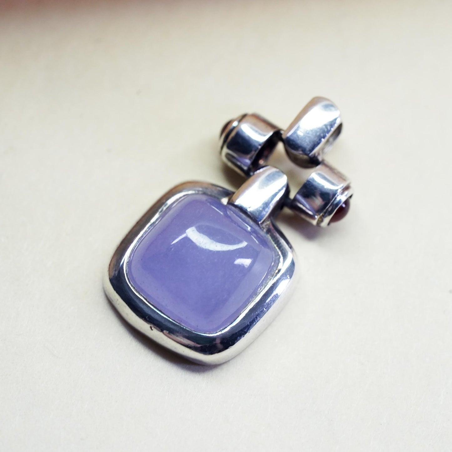 Vintage sterling 925 silver handmade square pendant with purple jade