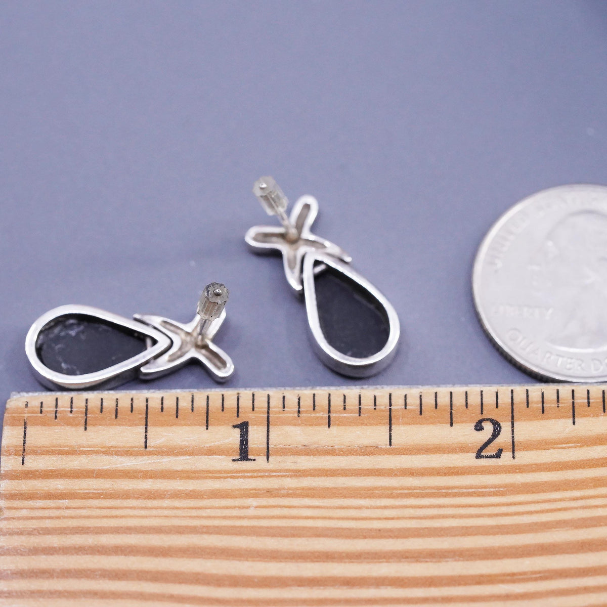 Vintage sterling silver handmade earrings, 925 silver Teardrop studs onyx inlay