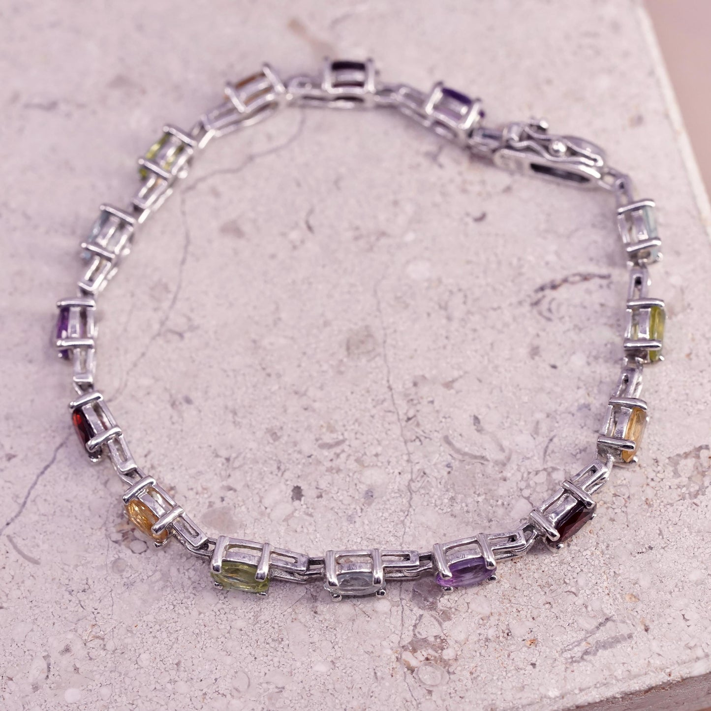 7”, sterling silver 925 tennis bracelet with multi color gemstones ruby peridot