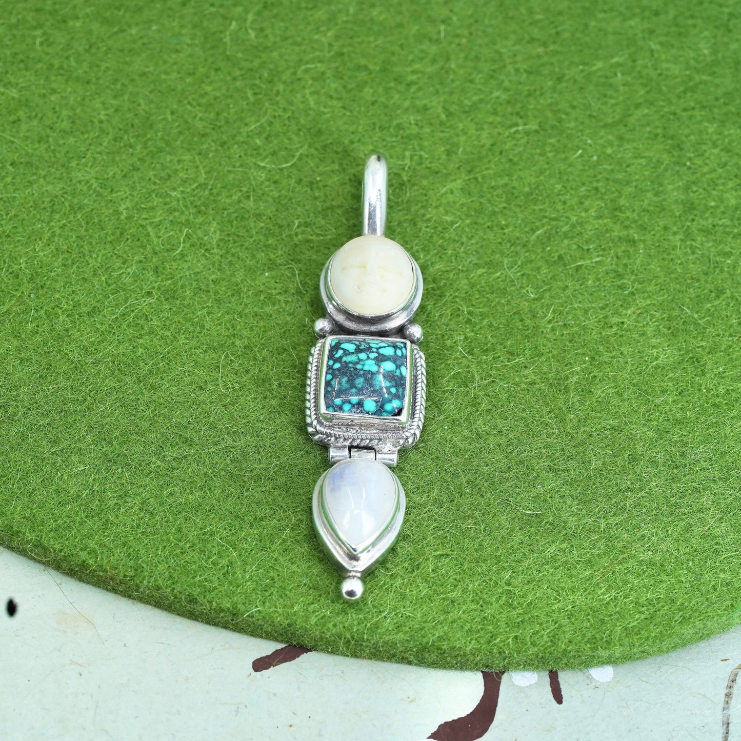 Native American sterling silver 925 moon face pendant with turquoise moonstone