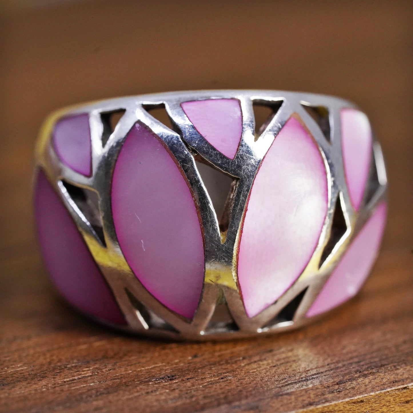 Size 7.25, vintage Sterling silver ring, 925 dome band pink mother of pearl