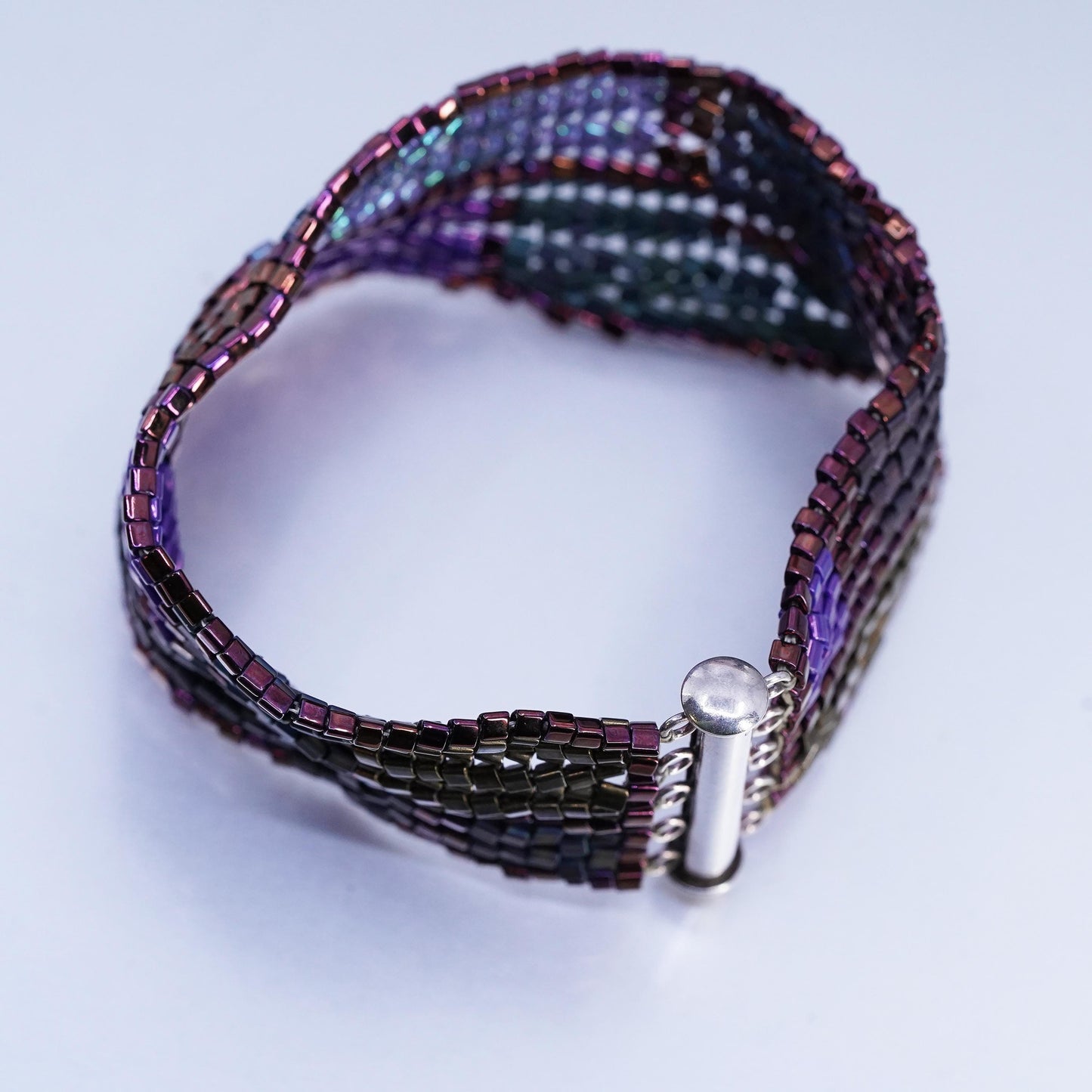 7", VTG Sterling 925 silver multi strands bracelet metallic multi color beads