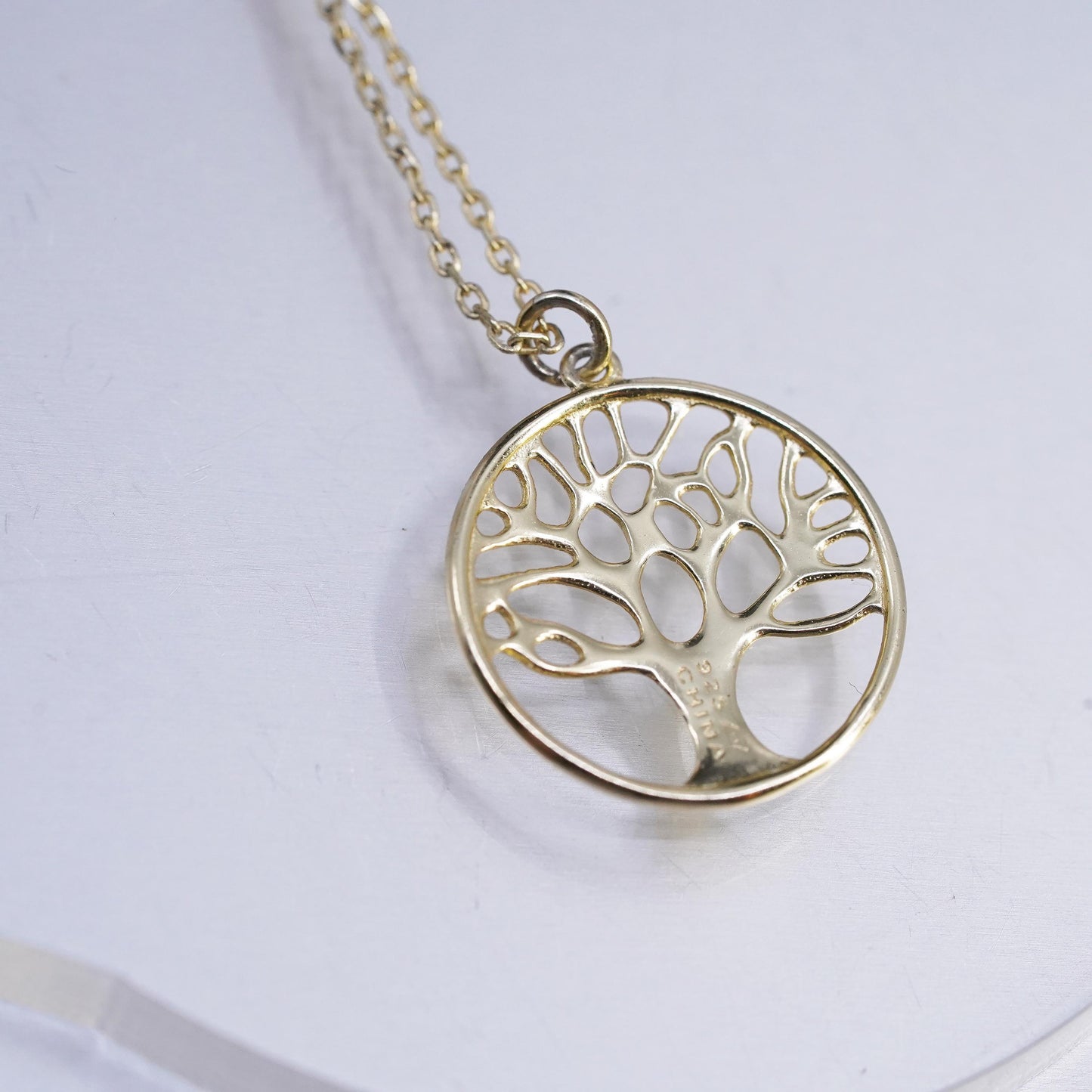 18”, VTG gold plated Sterling 925 silver circle necklace family tree pendant