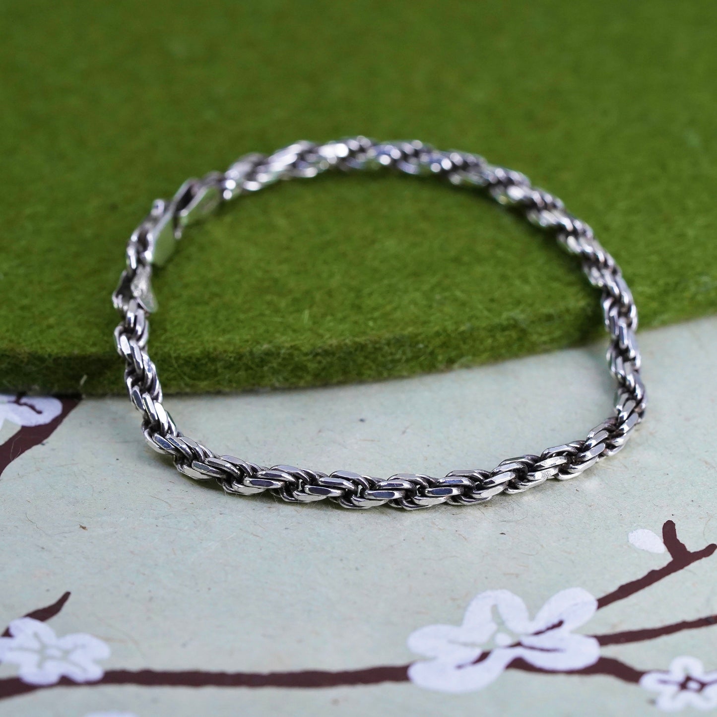 6.5", 4mm, Vintage sterling 925 silver Italy rope chain bracelet