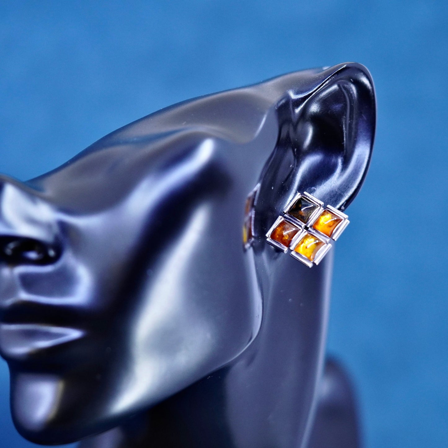 Vintage sterling silver handmade earrings, 925 square studs with amber