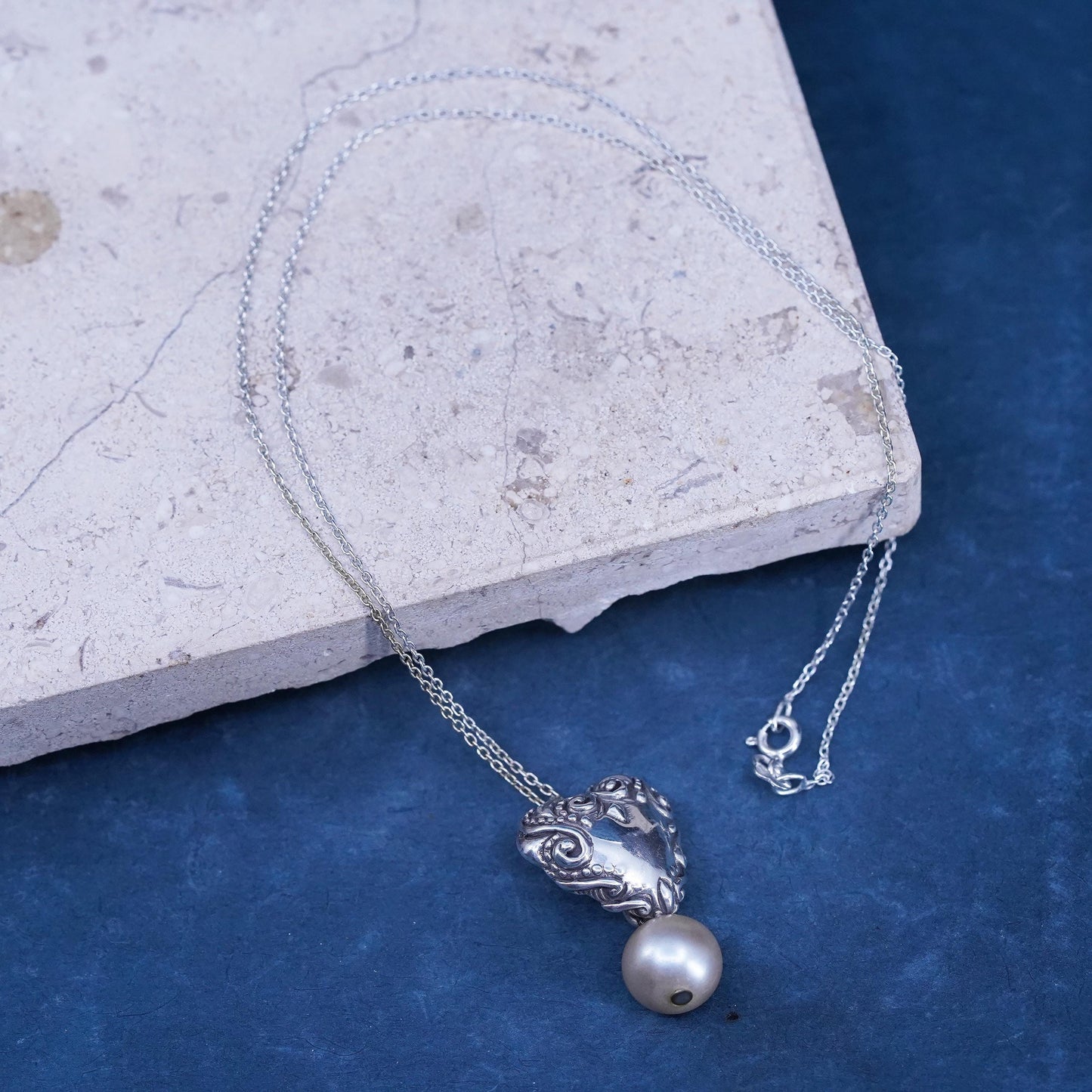 18”, Gordon Barnett sterling silver necklace, 925 chain heart pearl pendant