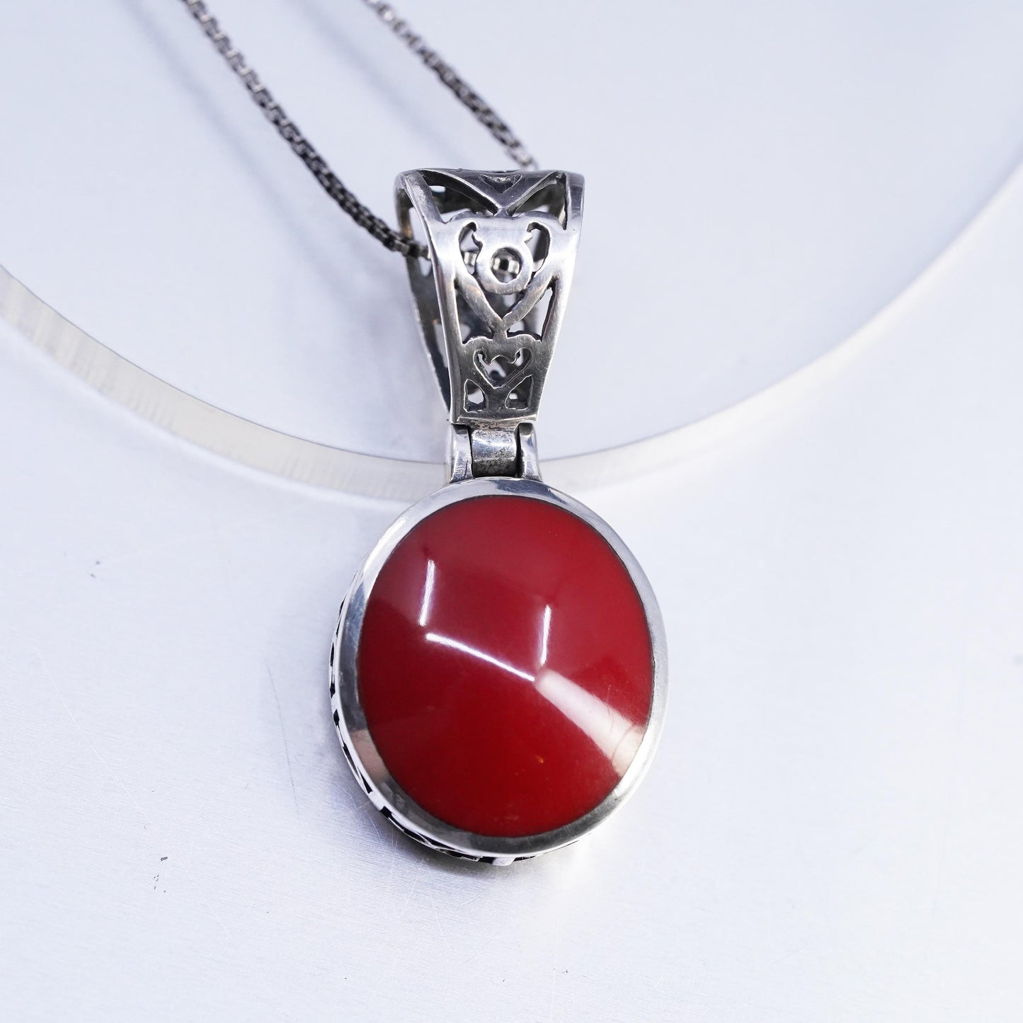 21", vintage Sterling 925 silver handmade box chain necklace red Onyx pendant