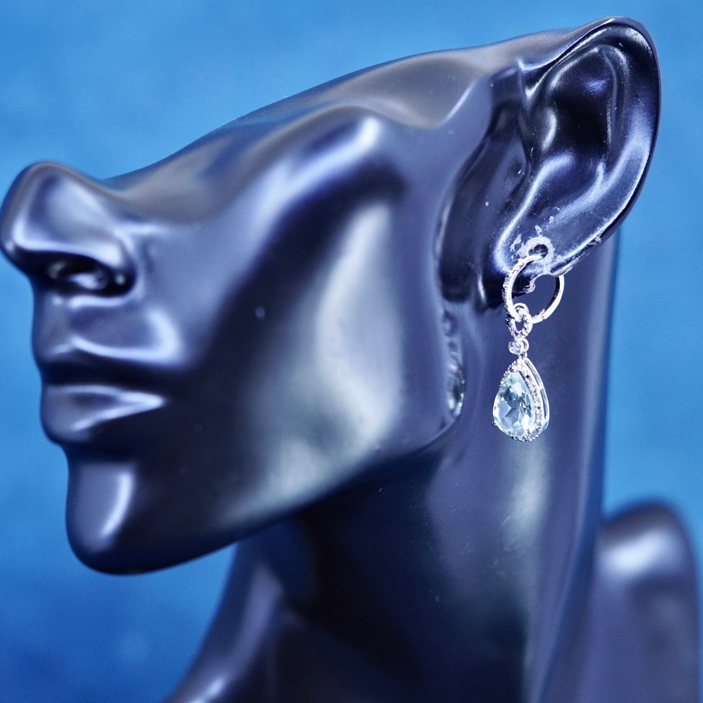 Vintage sterling 925 silver handmade earrings with teardrop blue topaz