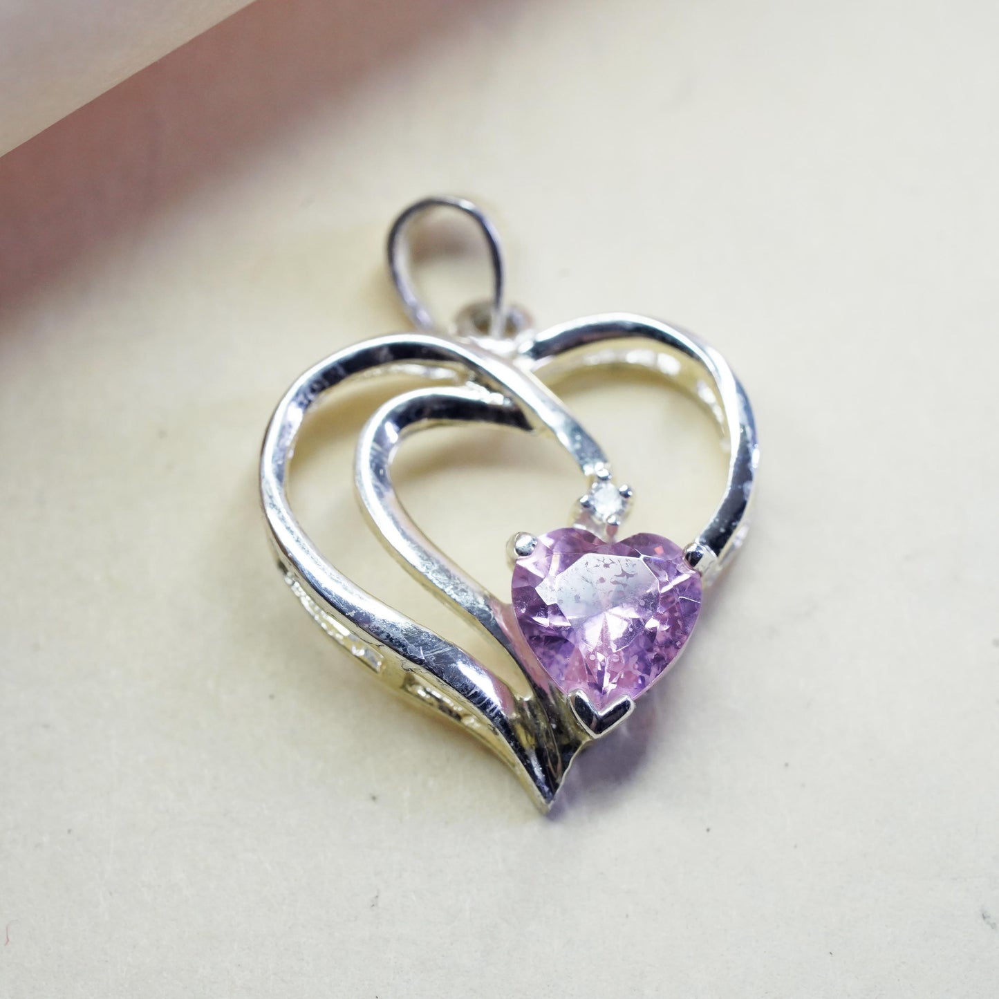 Vintage sterling silver pendant, heart 925 silver charm with pink crystal