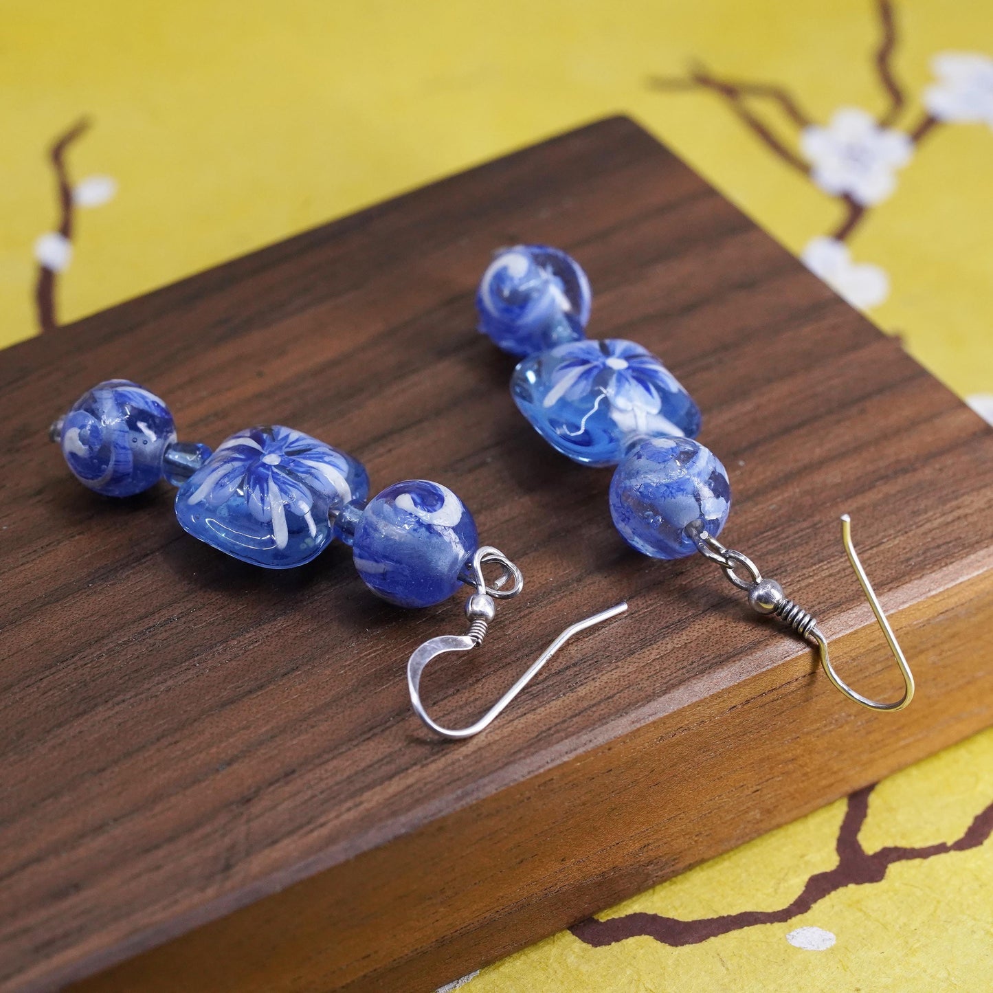 Vintage sterling 925 silver handmade earrings with blue floral glass bead