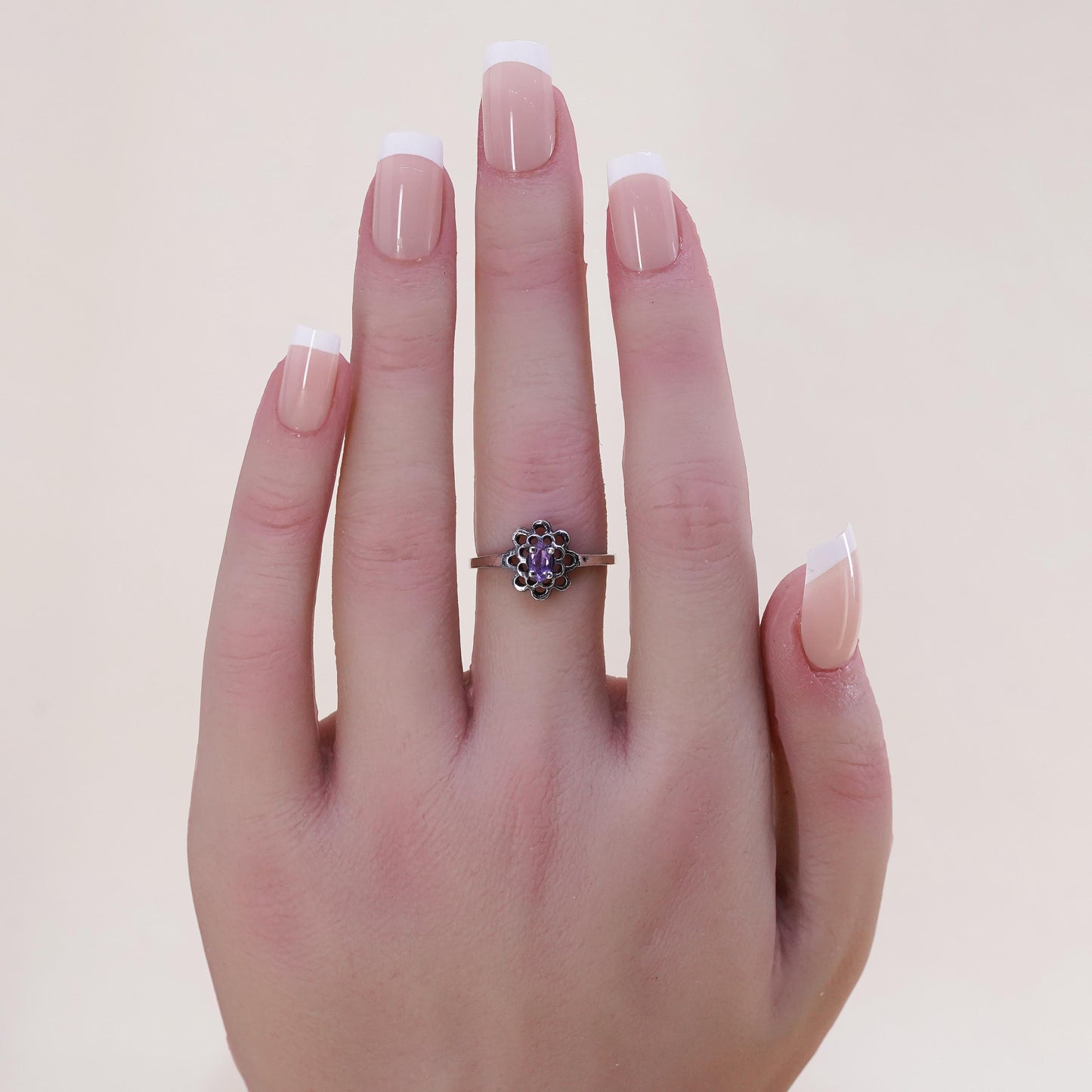 Size 7, vintage Sterling 925 silver handmade crown ring with amethyst