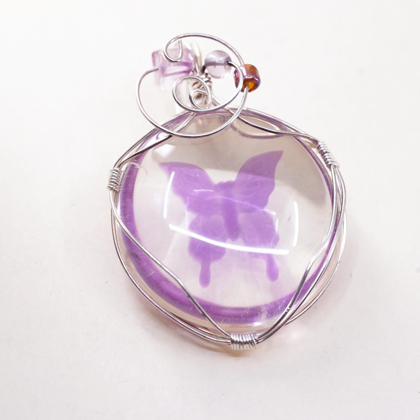 VTG Mexican sterling silver wire dichroic foiled glass purple butterfly pendant