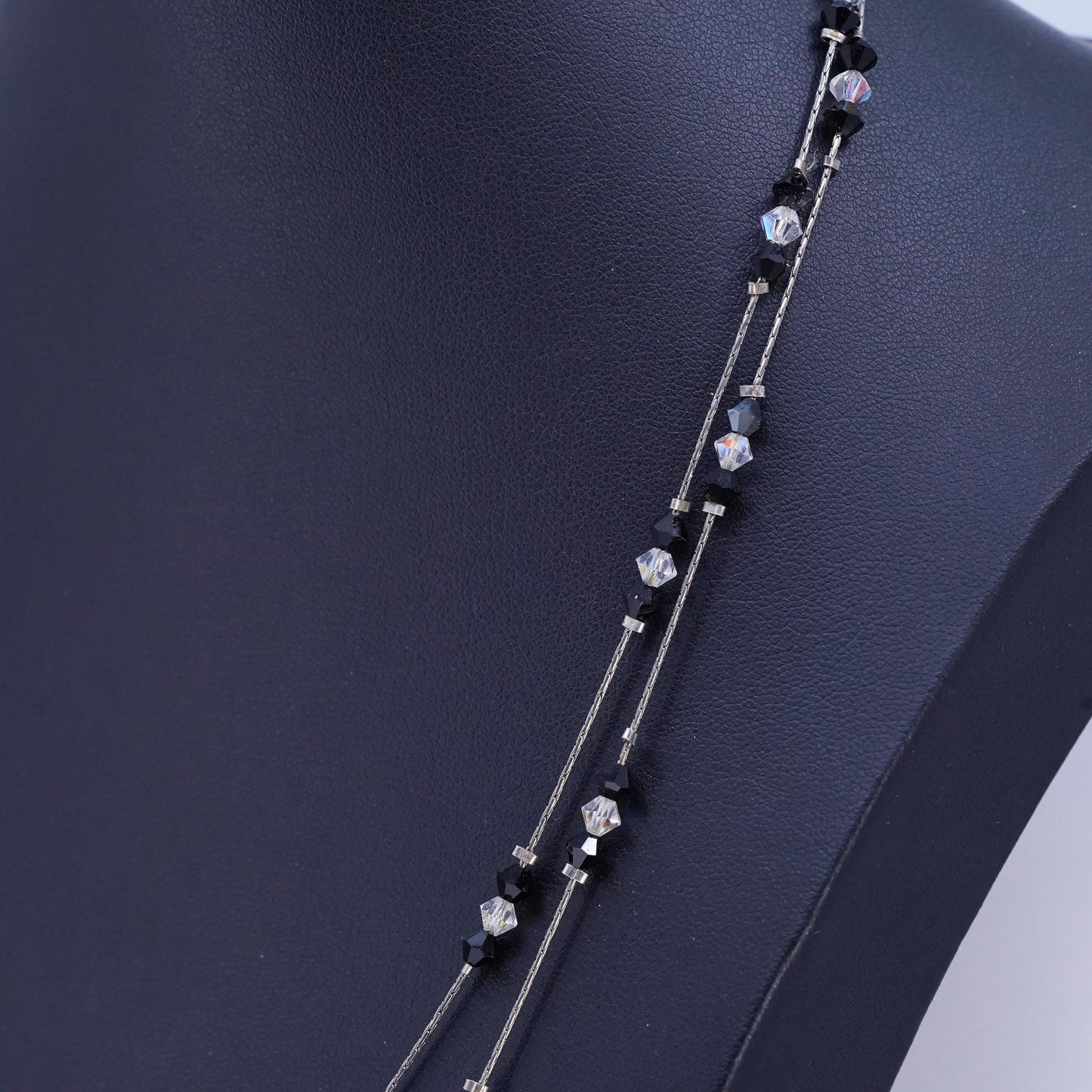 18” Sterling Silver 925 double strands chain necklace black and white crystal