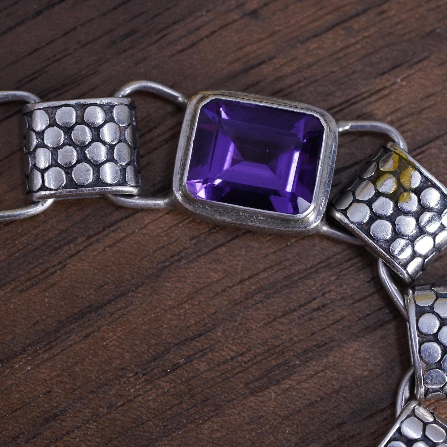 6.75", Vintage Sterling Silver Amethyst Link Bracelet, Beaded Textured chain