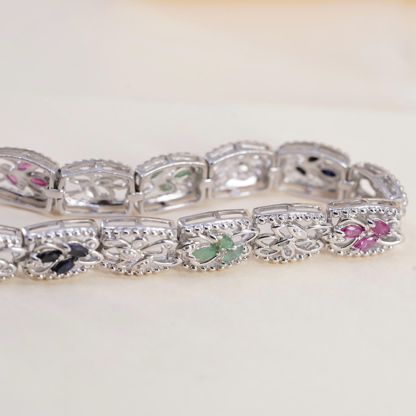 7.25", VTG Sterling 925 silver filigree tennis bracelet ruby emerald sapphire