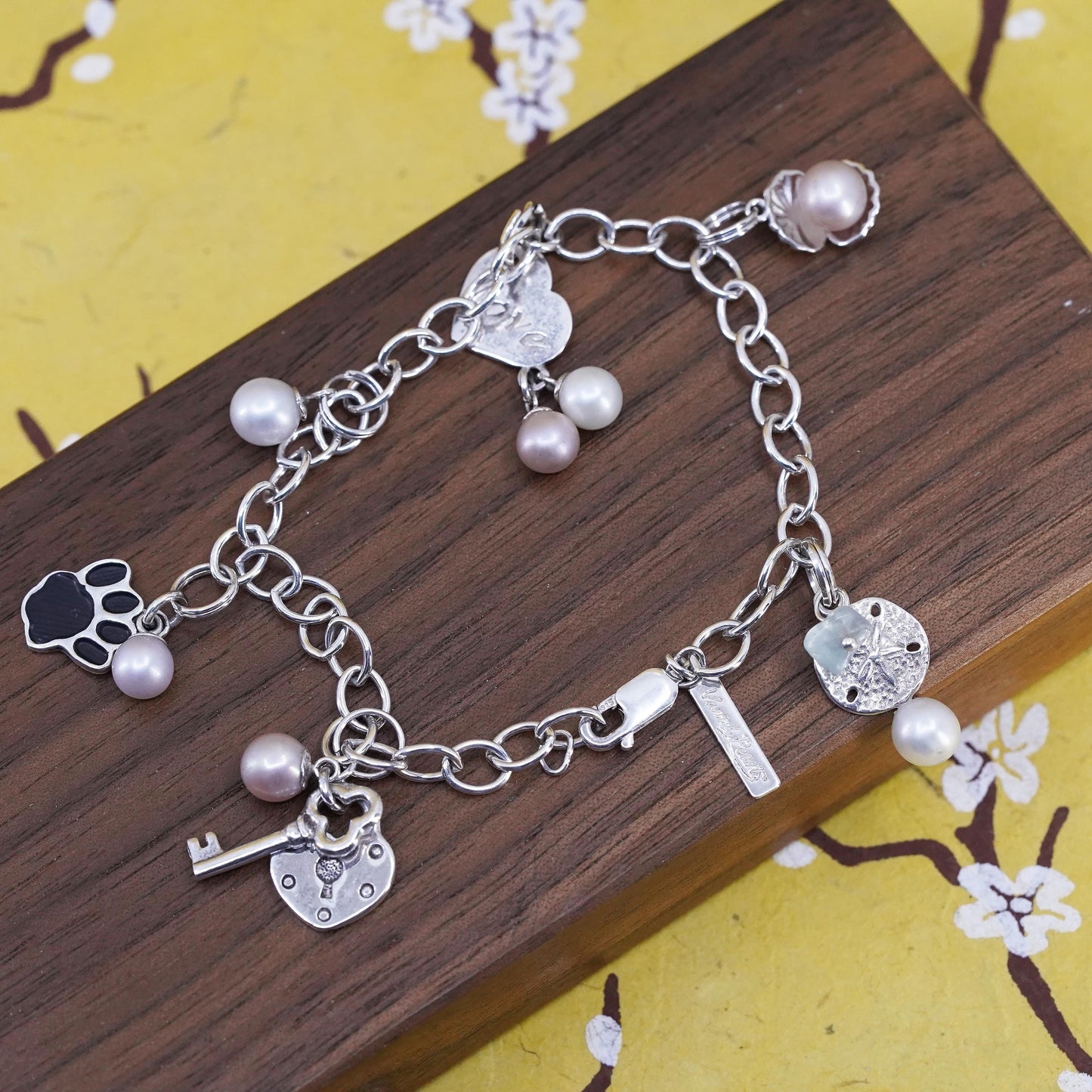 7.5” Sterling silver bracelet, 925 oval chain pearl heart lock key paw charms