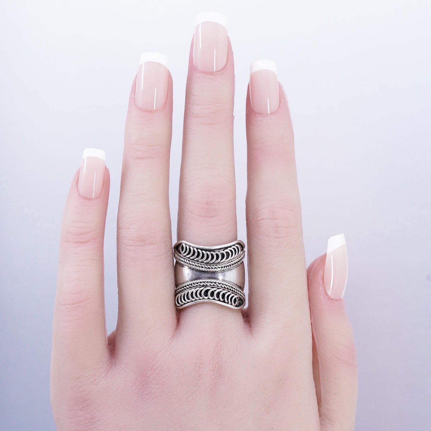 Size 9, Sterling Silver Wide Cigar Band Ring, Boho Ring, Openwork Rope 925 Band