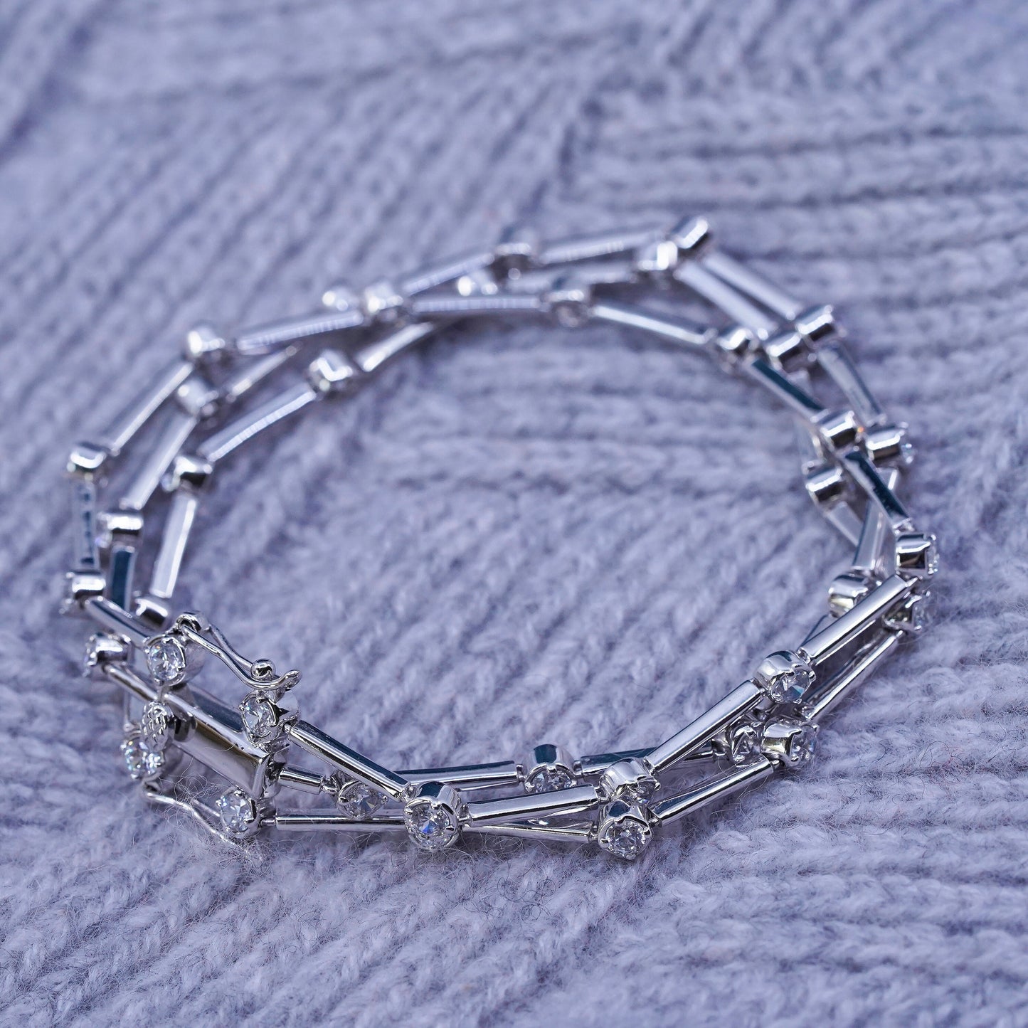 7.25", vintage Sterling 925 silver tennis multi strands bracelet with clear cz