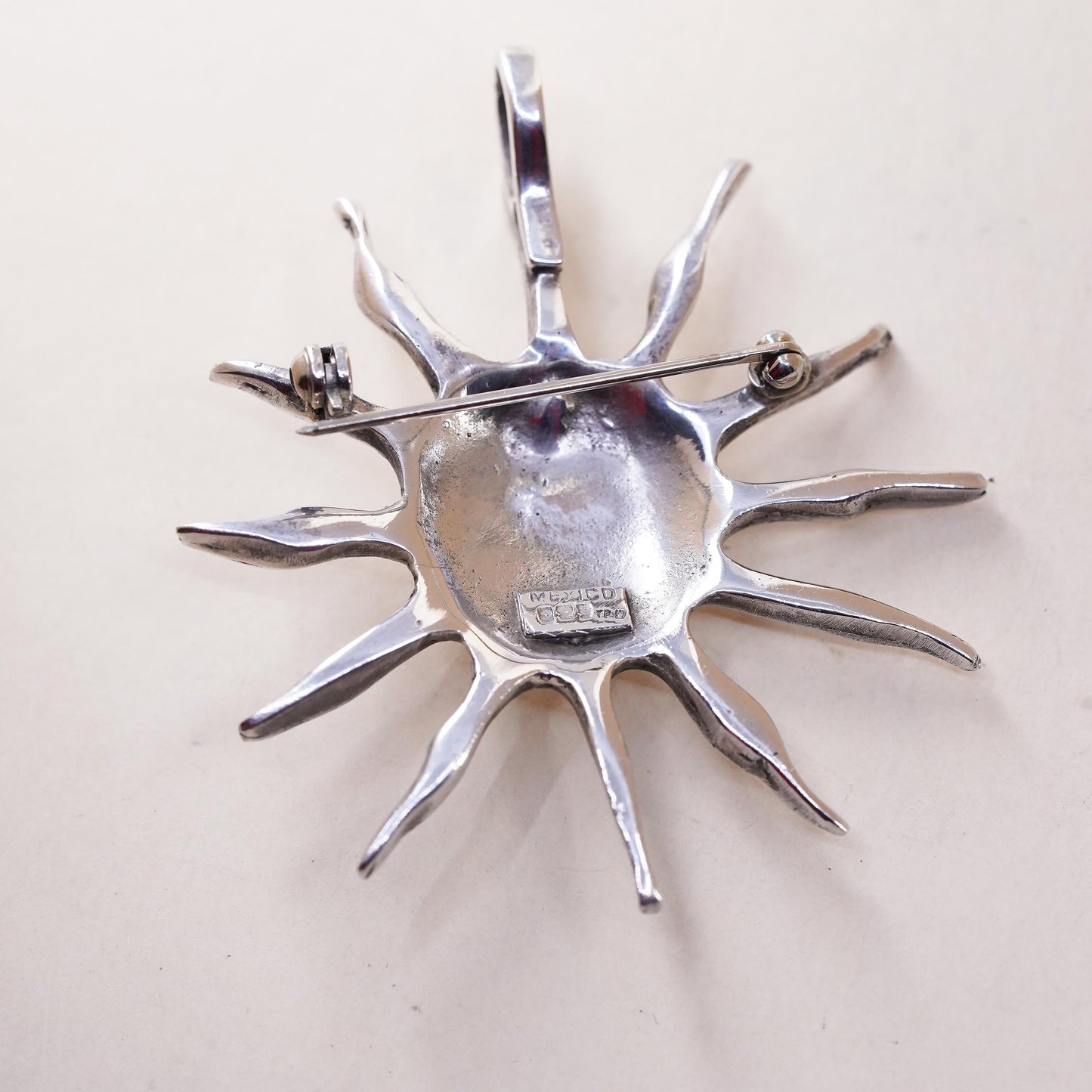 Vintage Mexican Sterling silver handmade sun face pendant, 925 brooch