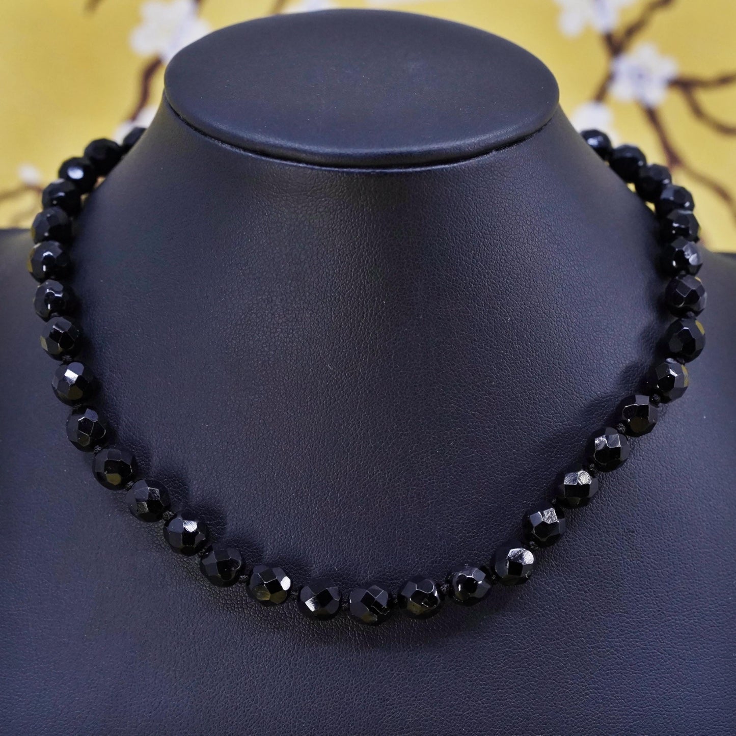 15”, vintage Sterling silver necklace, 925 silver choker with 7mm onyx beads