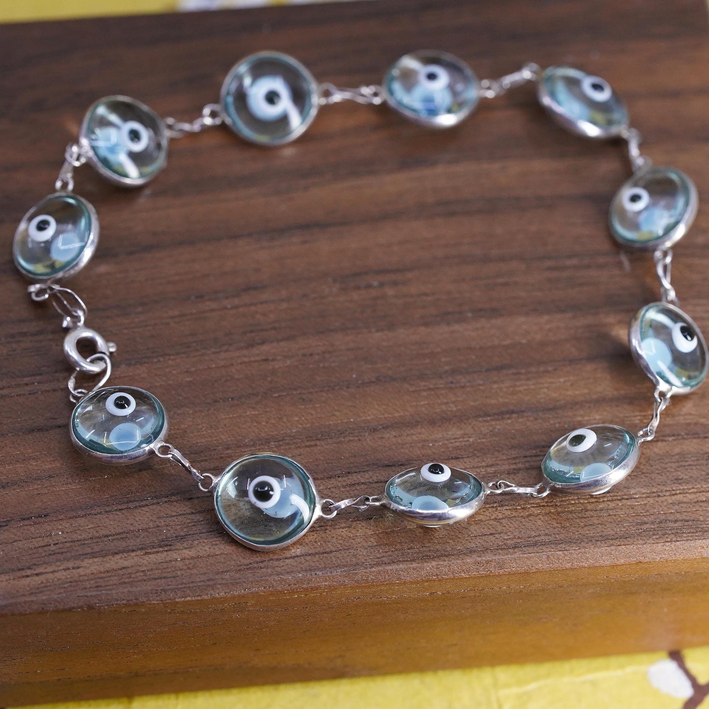 7.25", VTG sterling 925 silver handmade bracelet light blue evil eye bracelet