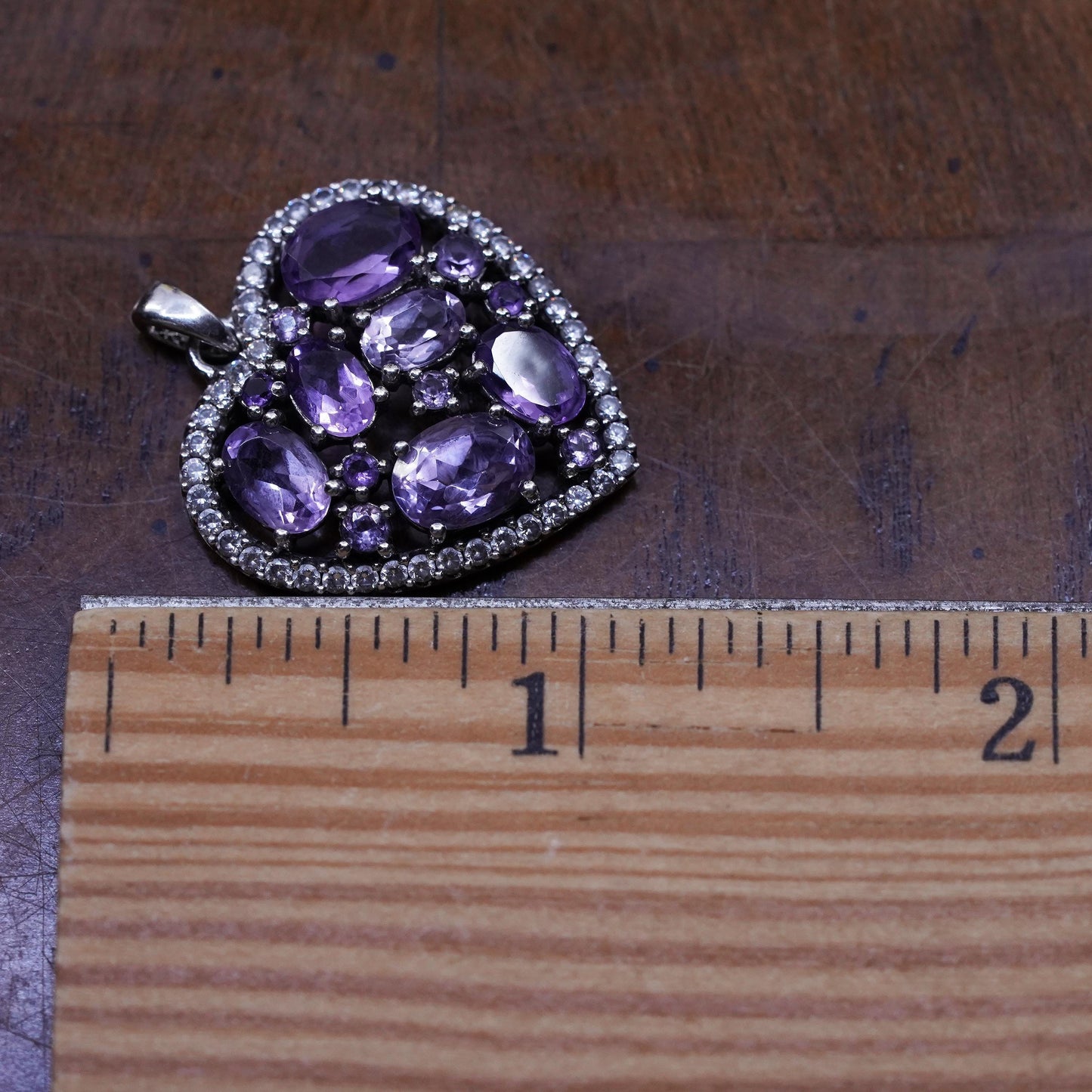 Vintage Sterling 925 silver handmade heart pendant with amethyst and cluster cz