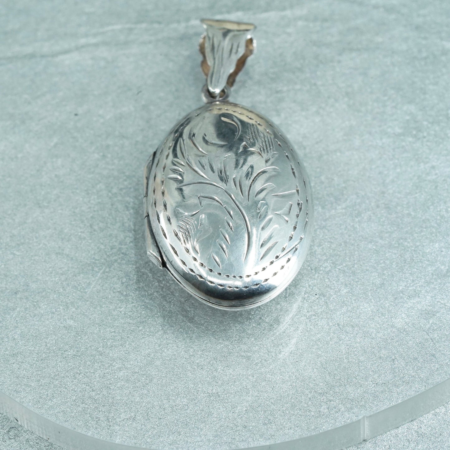 Sterling silver pendant charm, textured 925 oval floral two photos locket