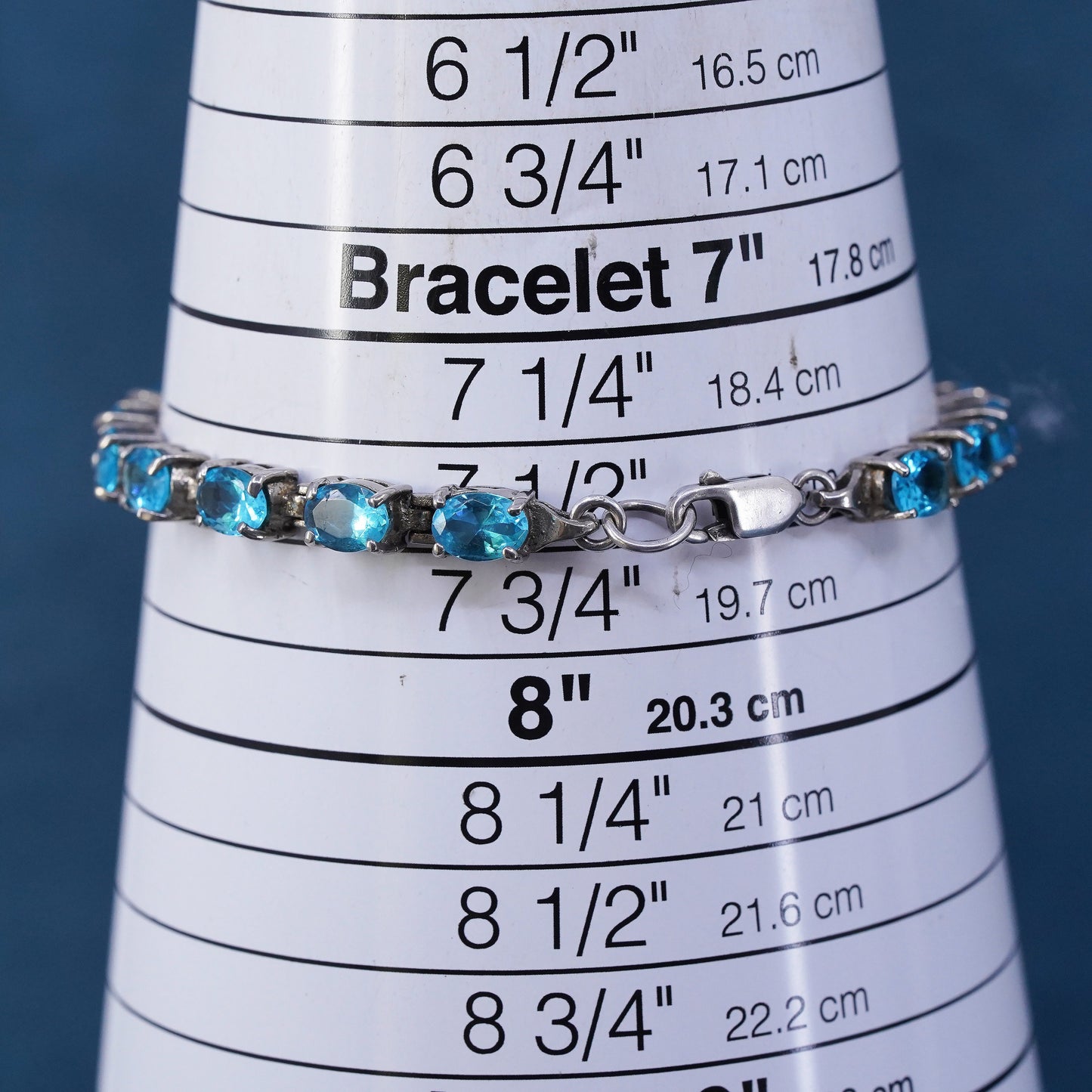 7.5", vintage Sterling 925 silver tennis bracelet with blue topaz