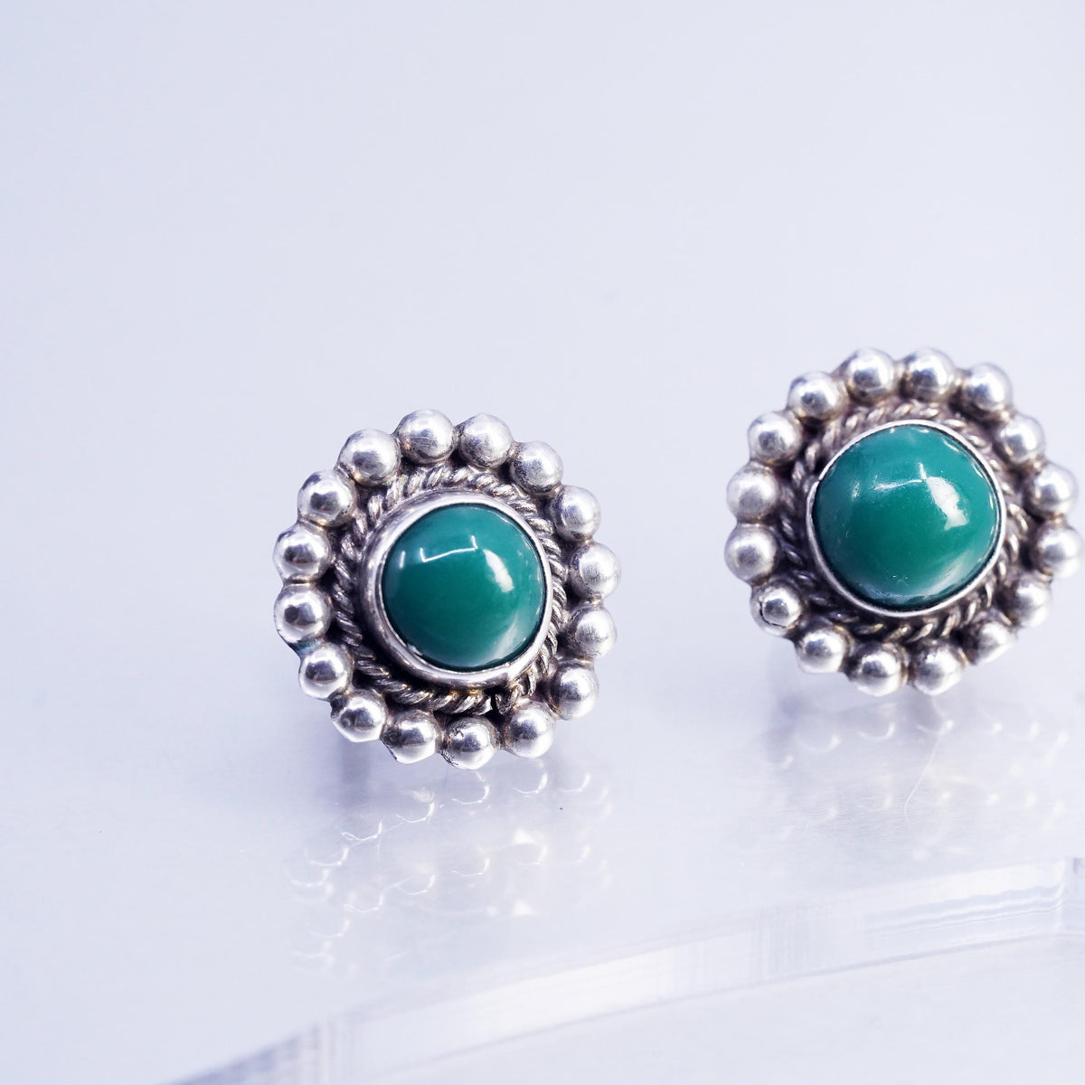 Vintage Mexican Sterling 925 silver earrings, round screw back green jade beads