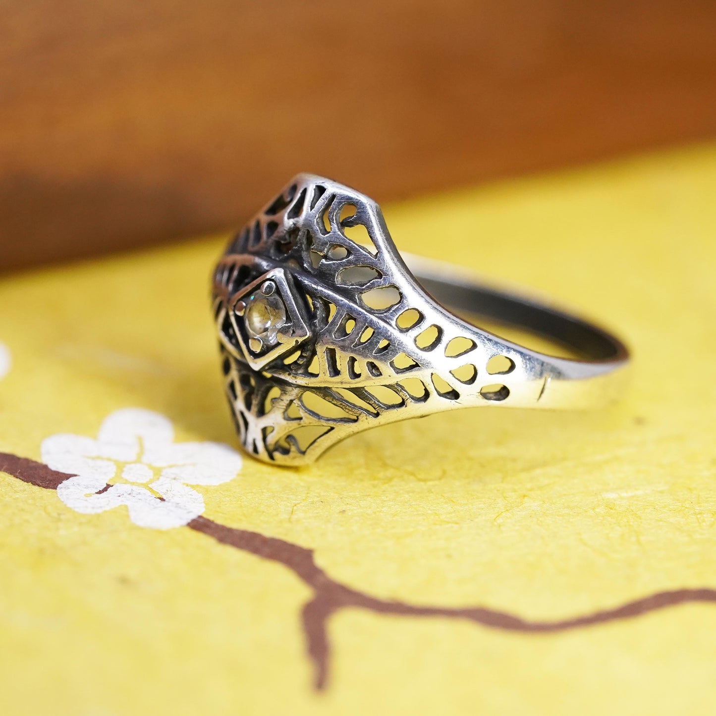 Size 11, vintage Sterling silver handmade ring, 925 filigree band with cz