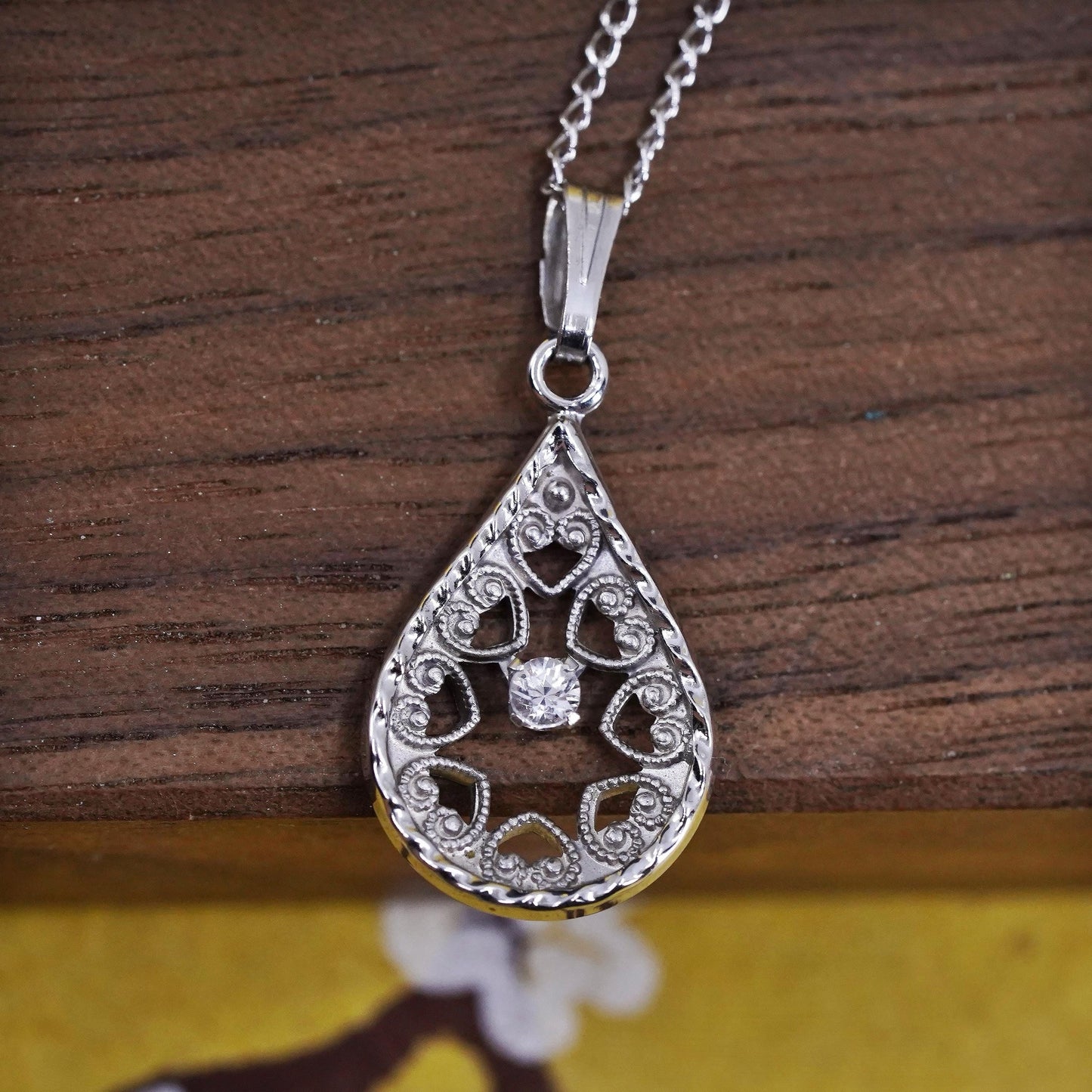 20", VTG Sterling silver necklace, Italian 925 curb chain teardrop pendant cz