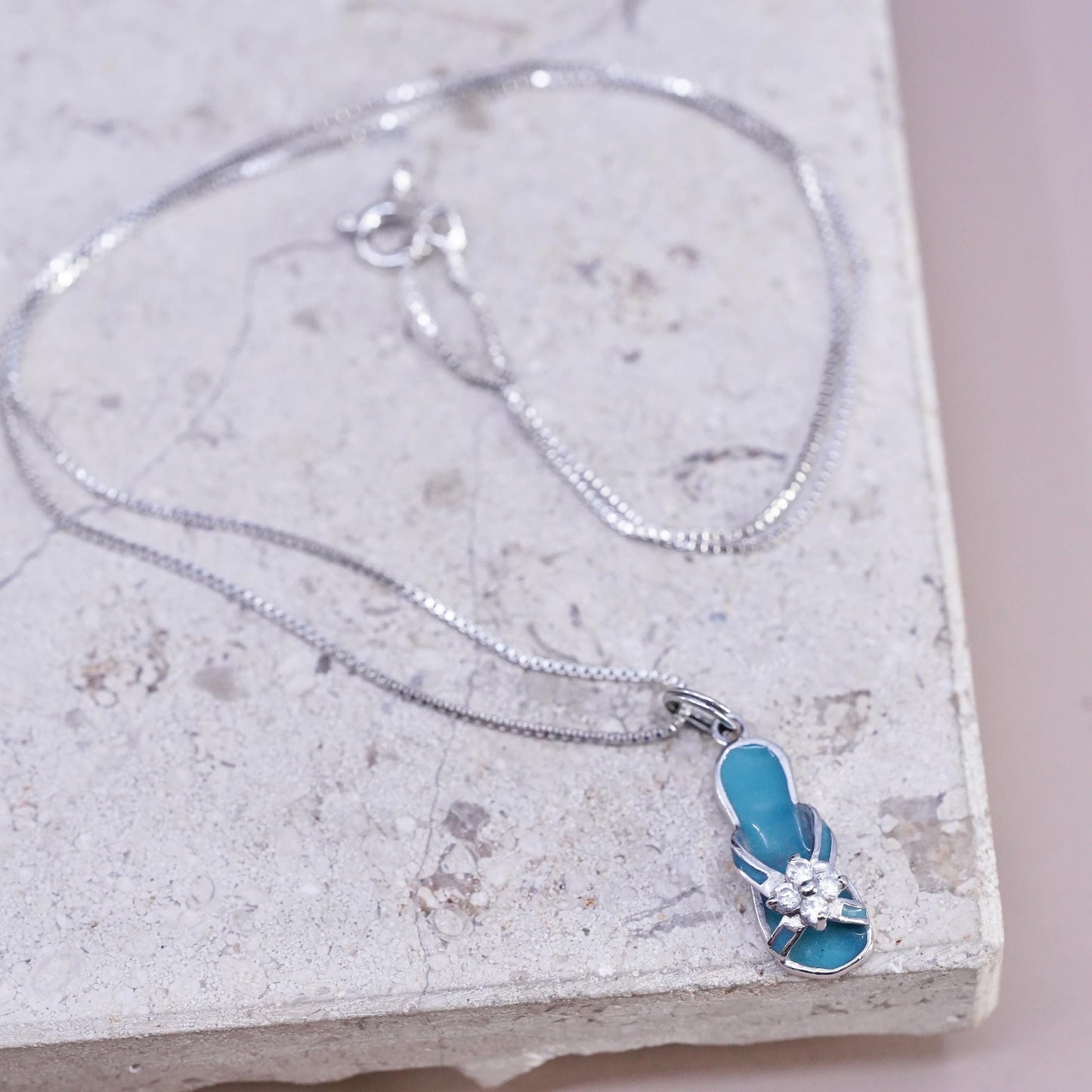 18", vintage Sterling silver necklace, 925 box chain blue enamel sandal pendant