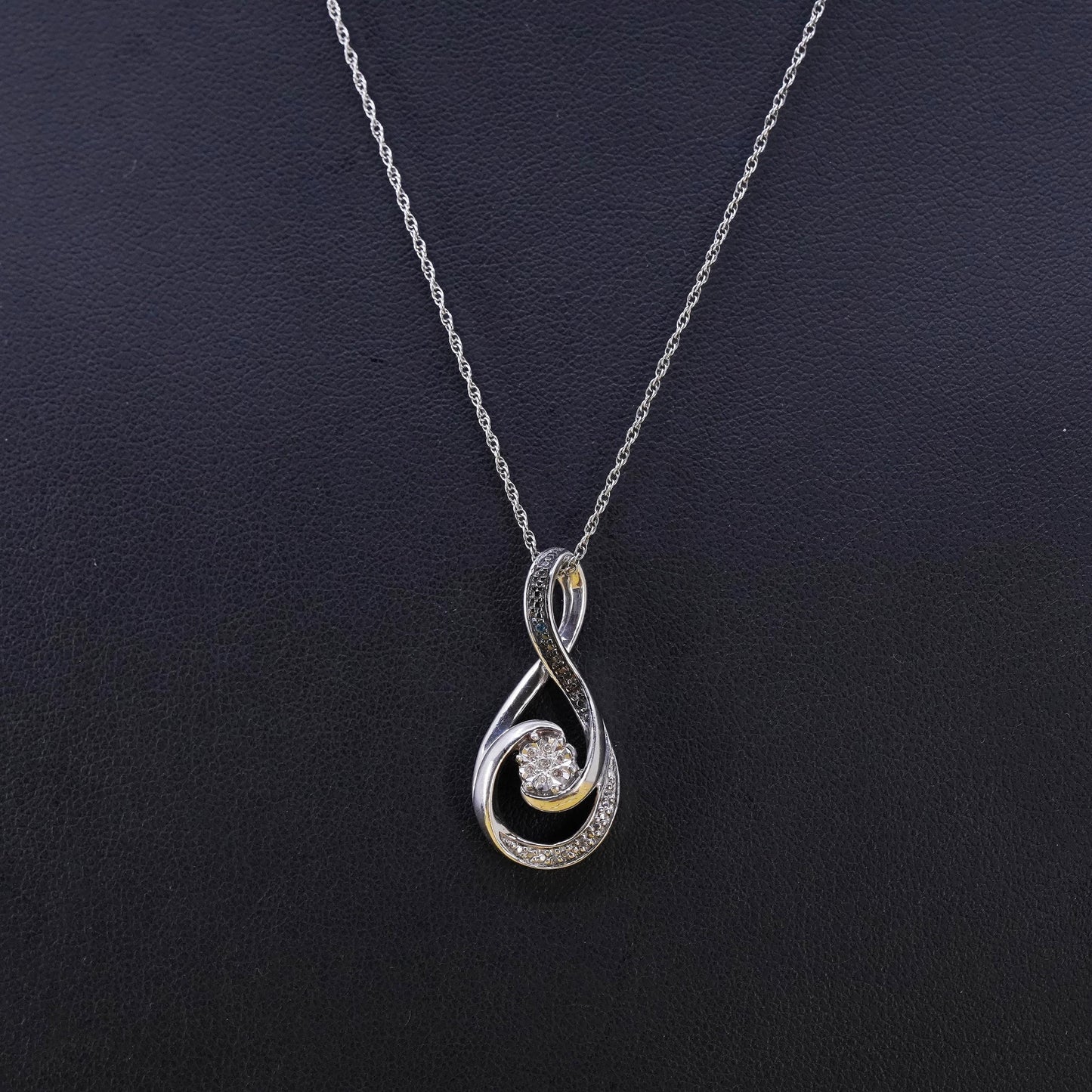 18” Sterling silver necklace, 925 Singapore rope chain teardrop pendant diamond