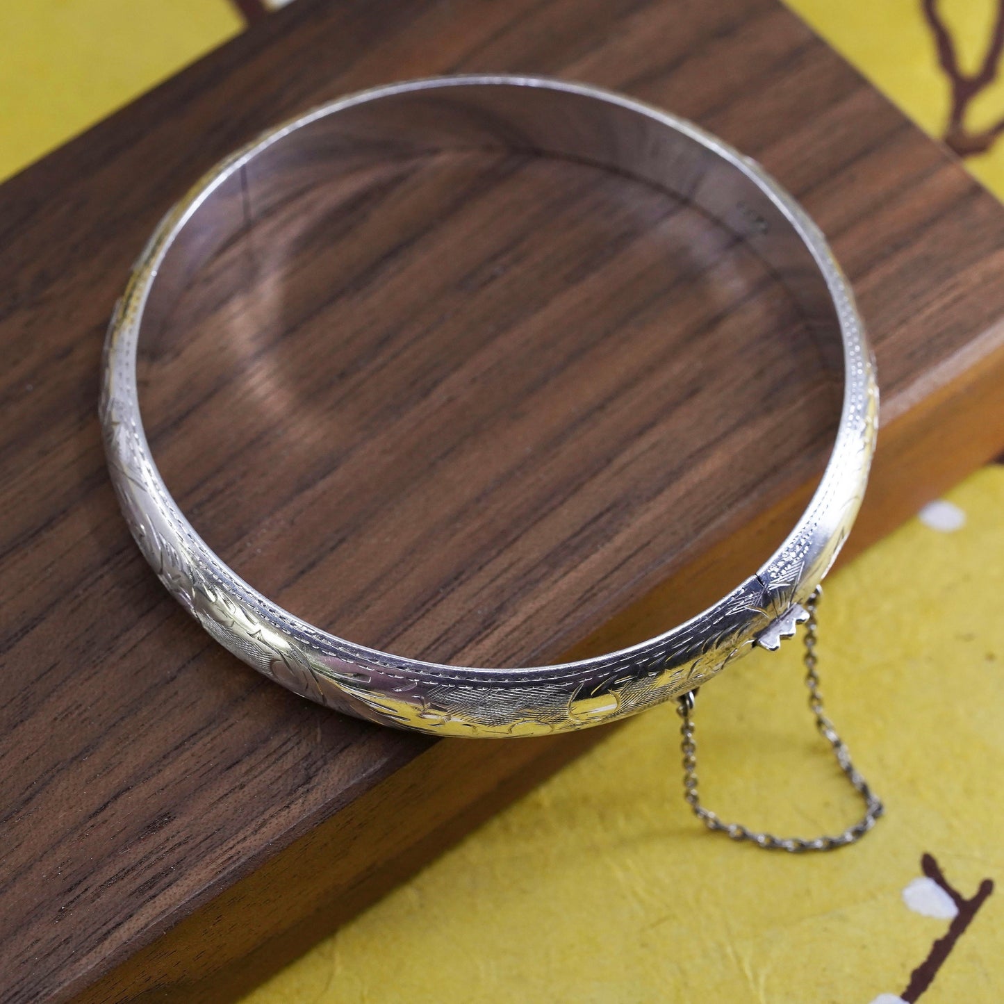 7.5", sterling silver bracelet, textured 925 hinged bangle with security chain