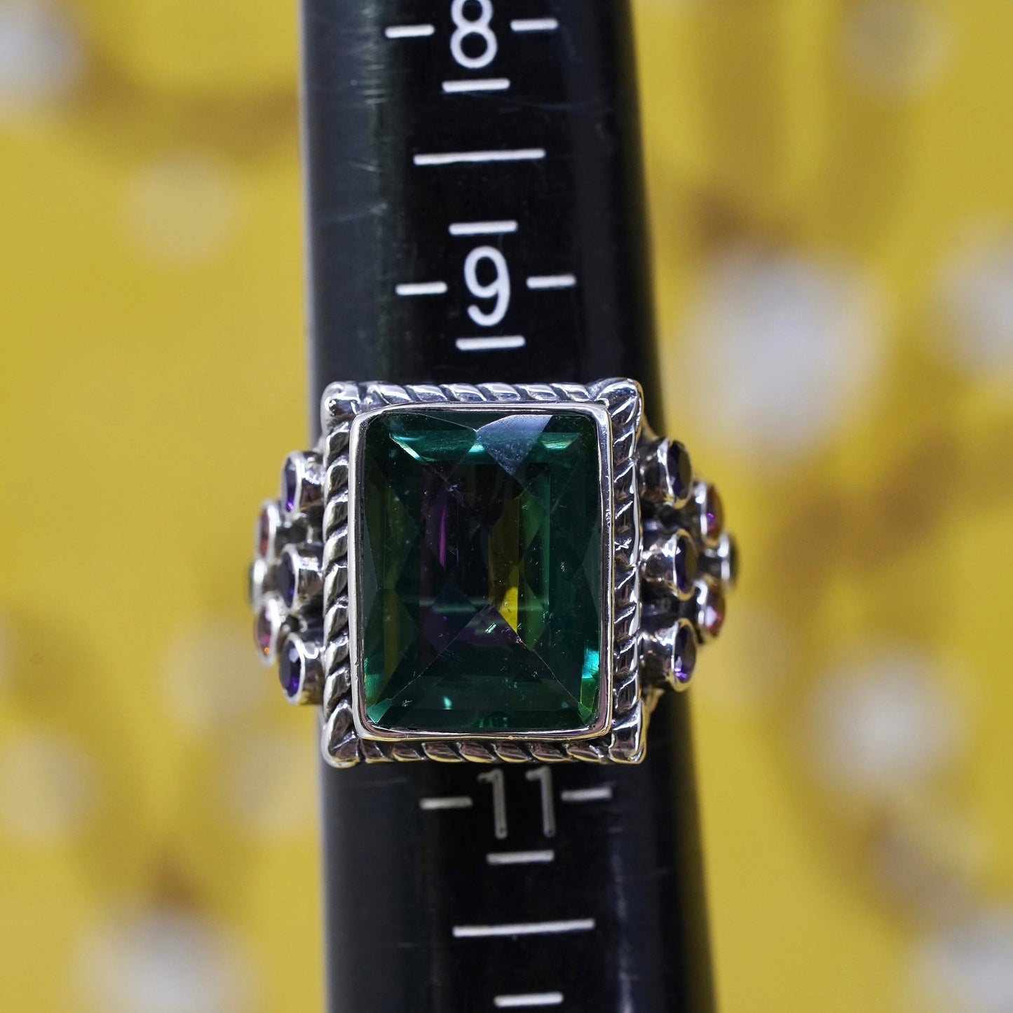 Size 10, Sterling 925 silver ring square peridot amethyst peridot citrine
