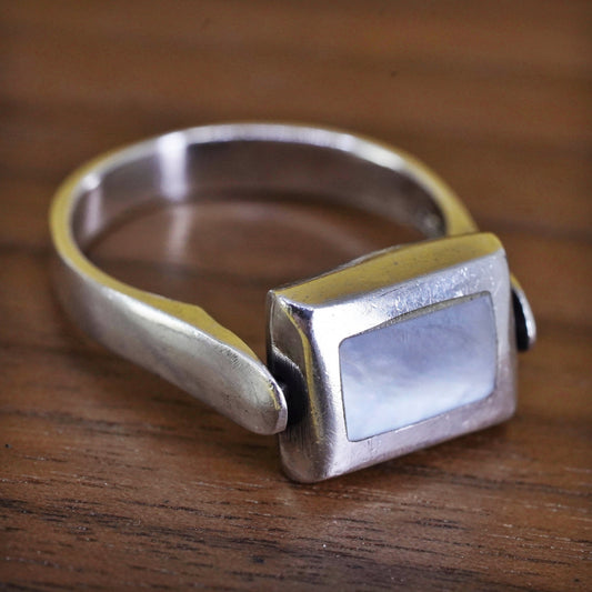 Size 7.5, Sterling silver double sided ring, 925 band with onyx mother of pearl